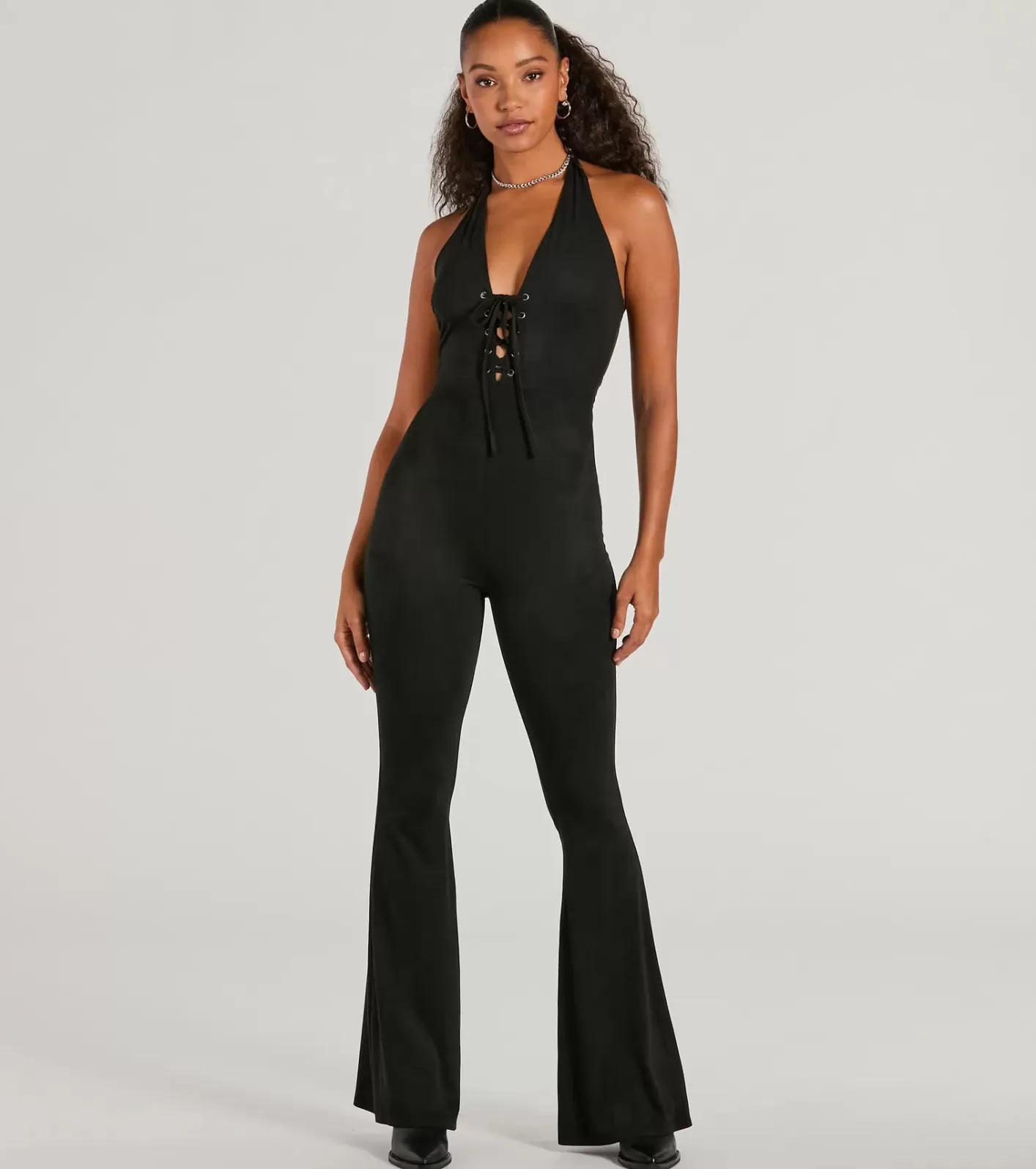 Windsor Eyes On Me Lace-Up Flare Faux Suede Jumpsuit BLACK Sale