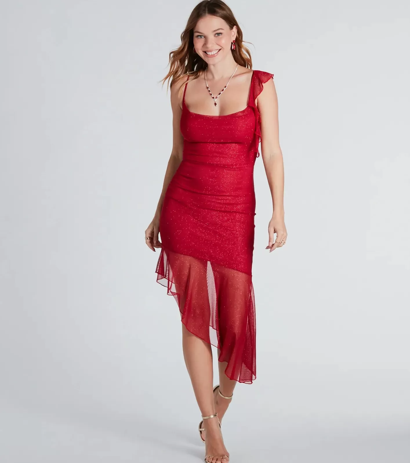 Windsor Feelin' Glam Glitter Mesh Ruffled Midi Dress RED Sale