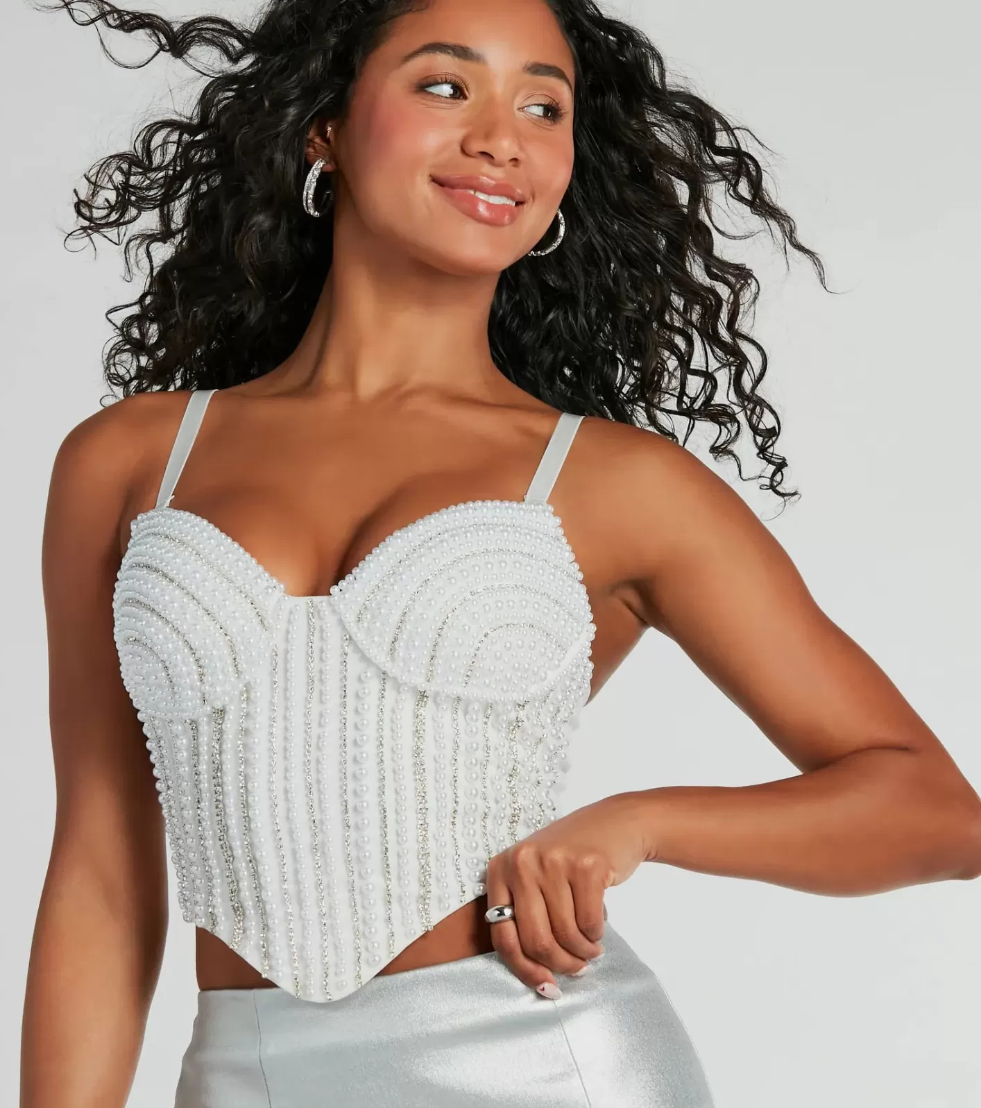 Windsor Feeling Bold Faux Pearl Rhinestone Bustier IVORY Flash Sale
