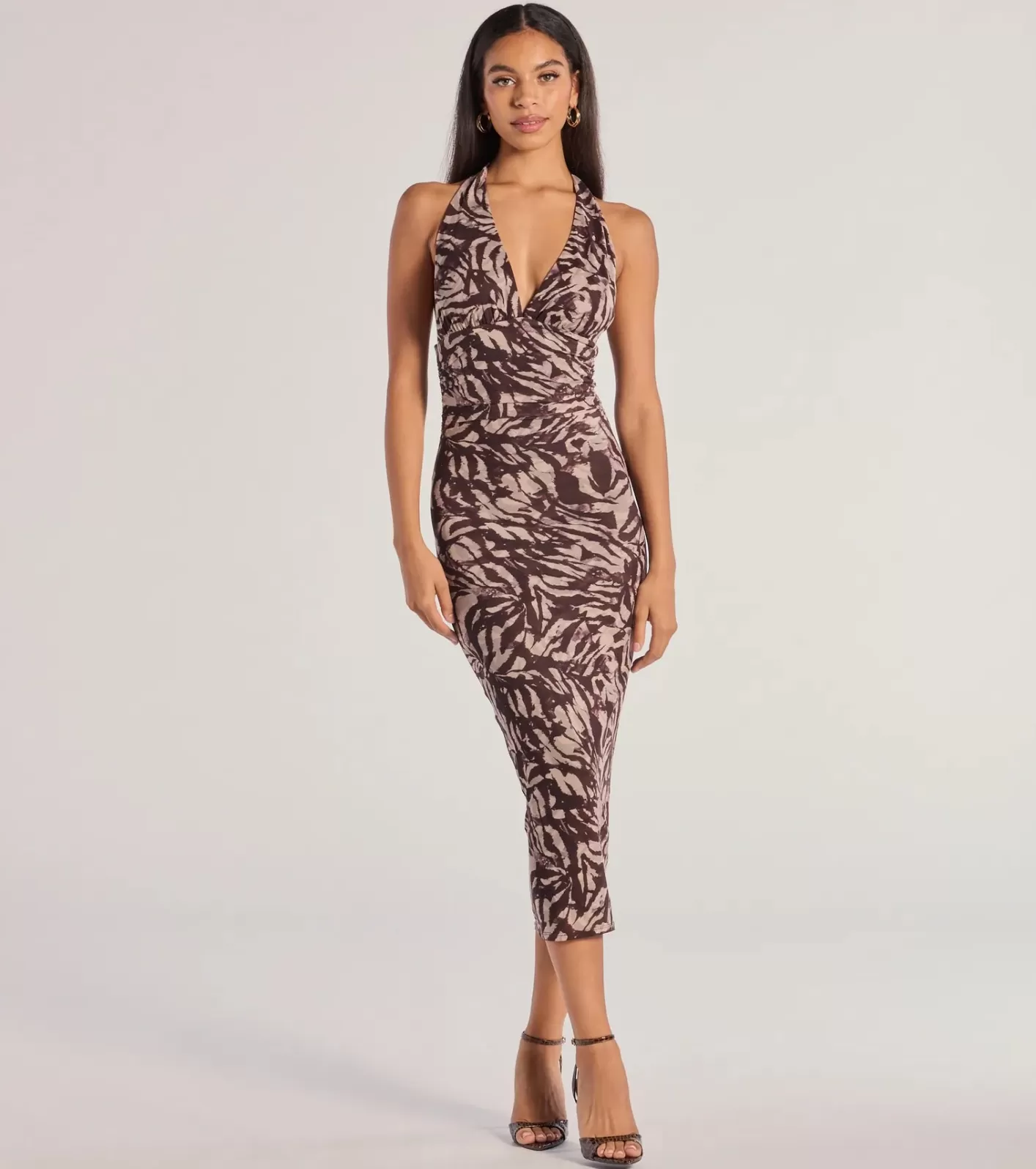 Windsor Fierce Style Zebra Print Mesh Halter Midi Dress BROWN Cheap