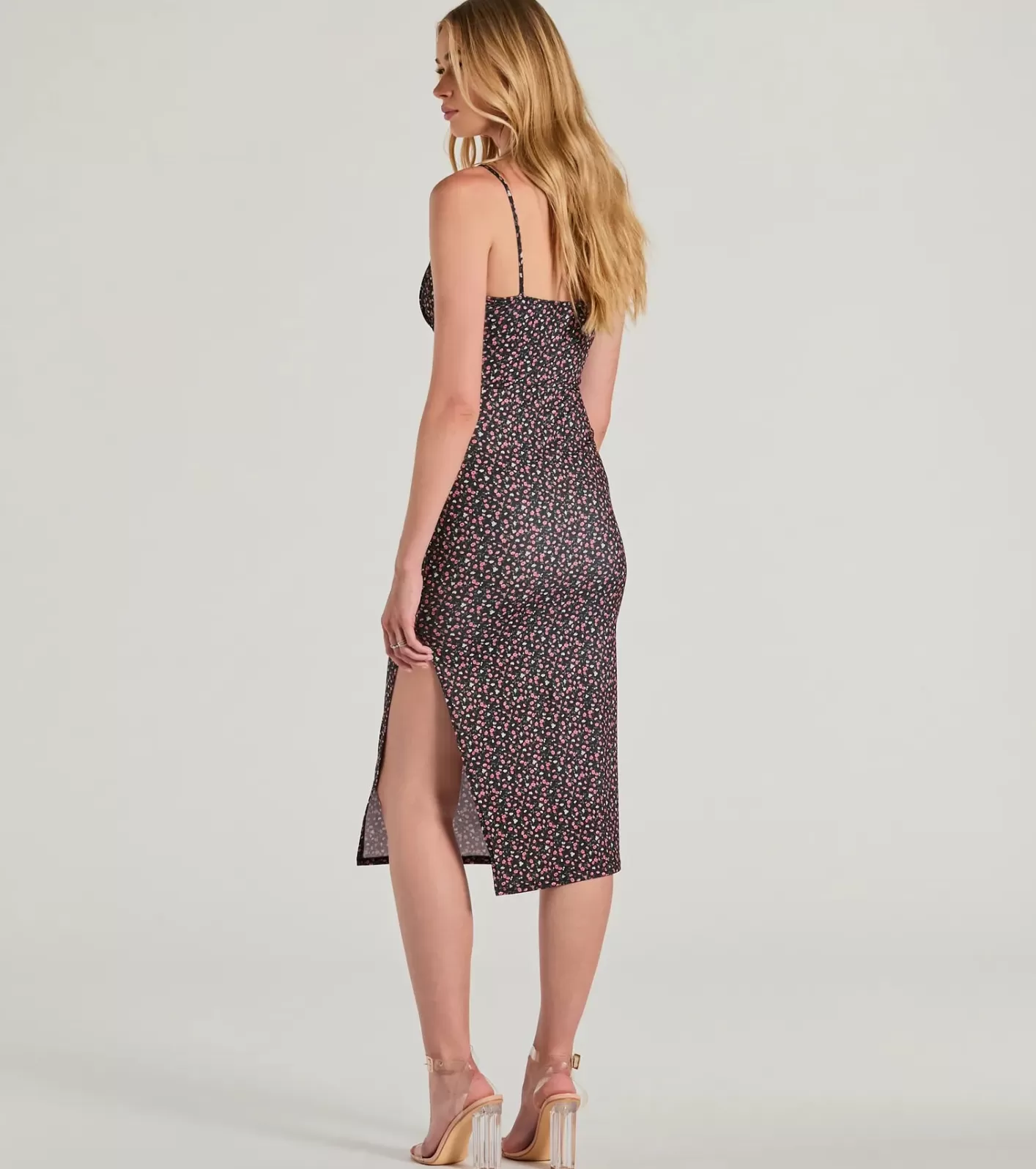 Windsor Fit To Bloom Scoop Neck Ditsy Floral Midi Dress BLACK Cheap