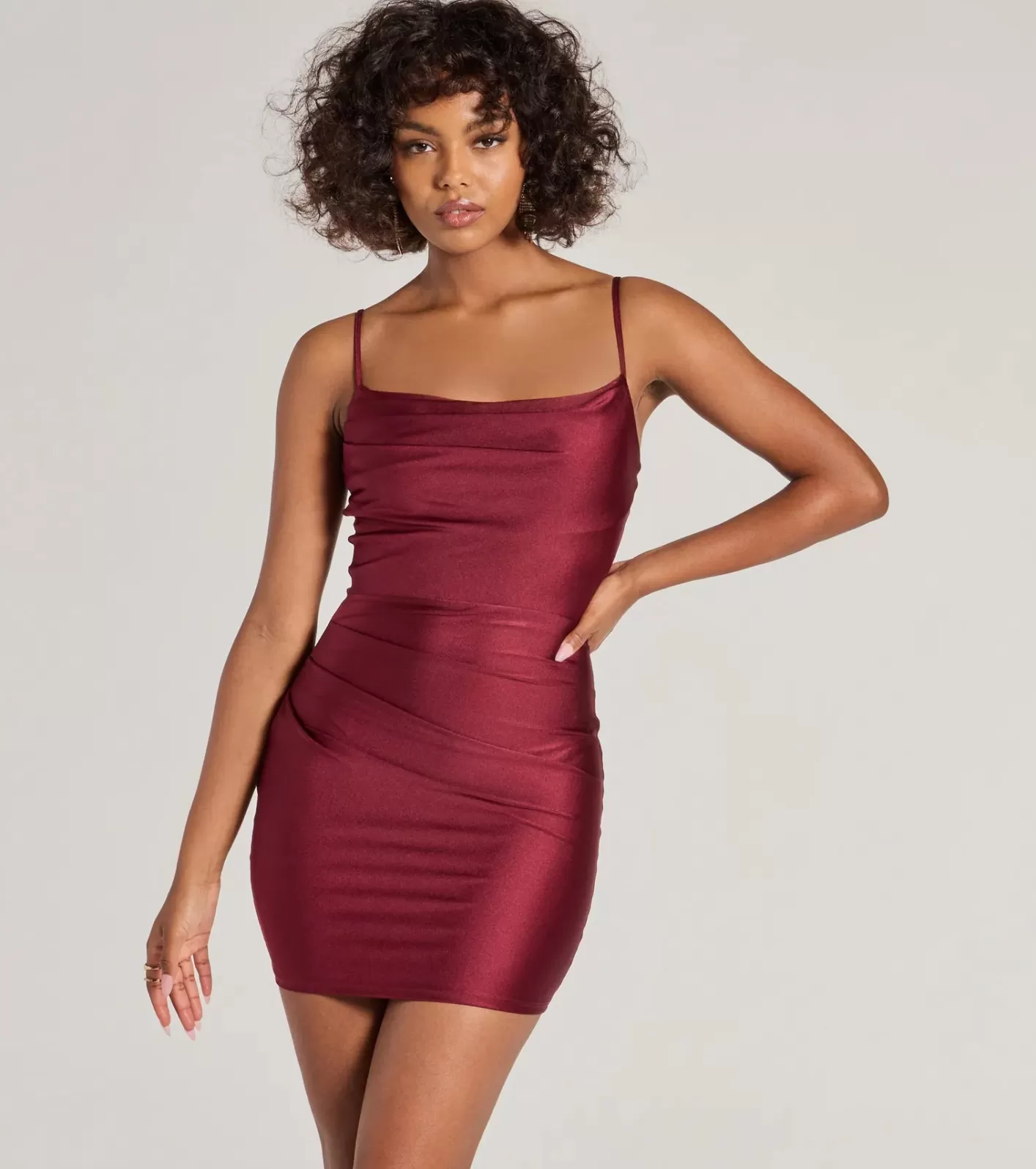 Windsor Flawless Allure Cowl Neck Bodycon Mini Dress RAISIN New