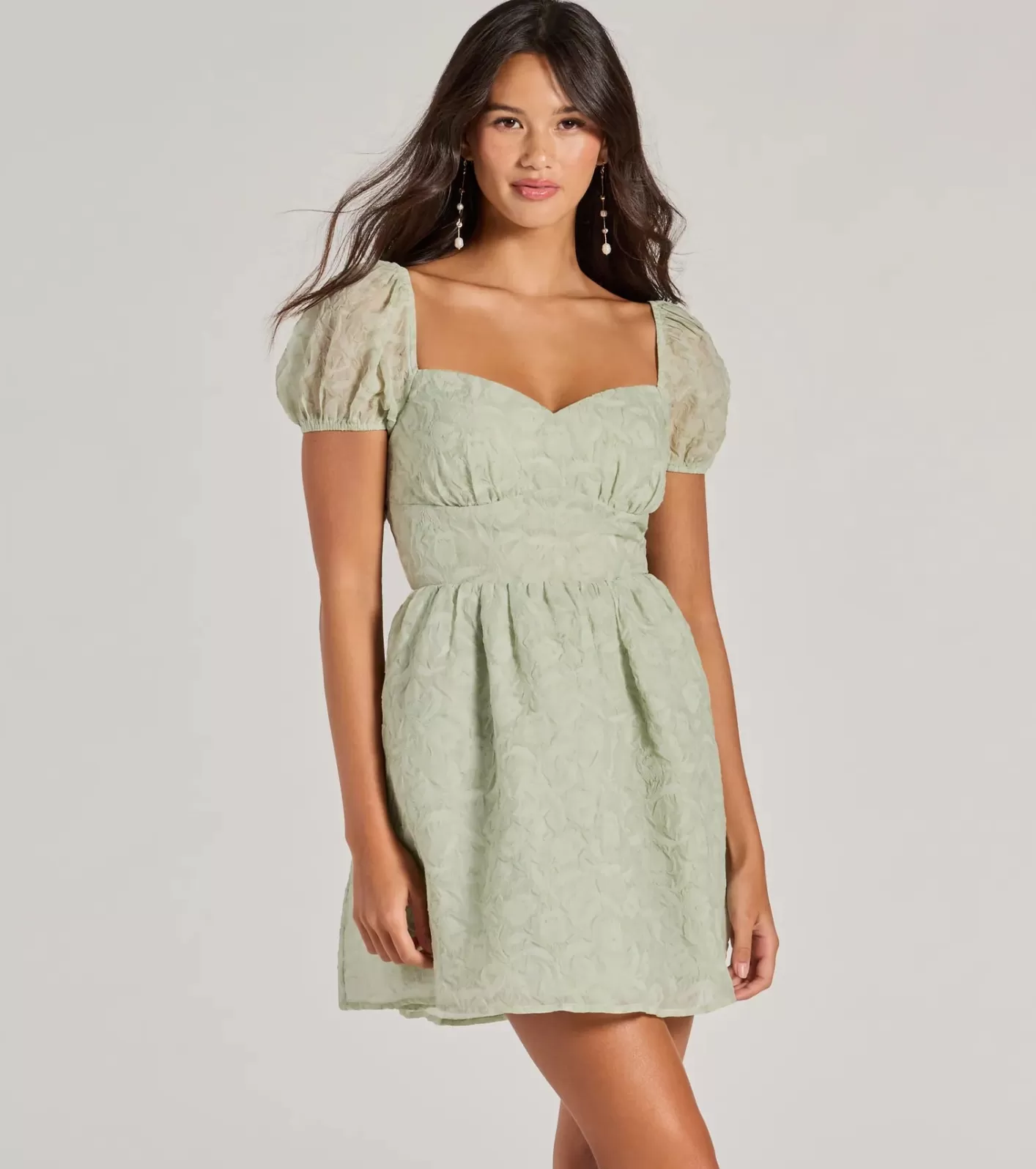 Windsor Flawless Flirty Puff Sleeve Tie Back Skater Dress SAGE Clearance