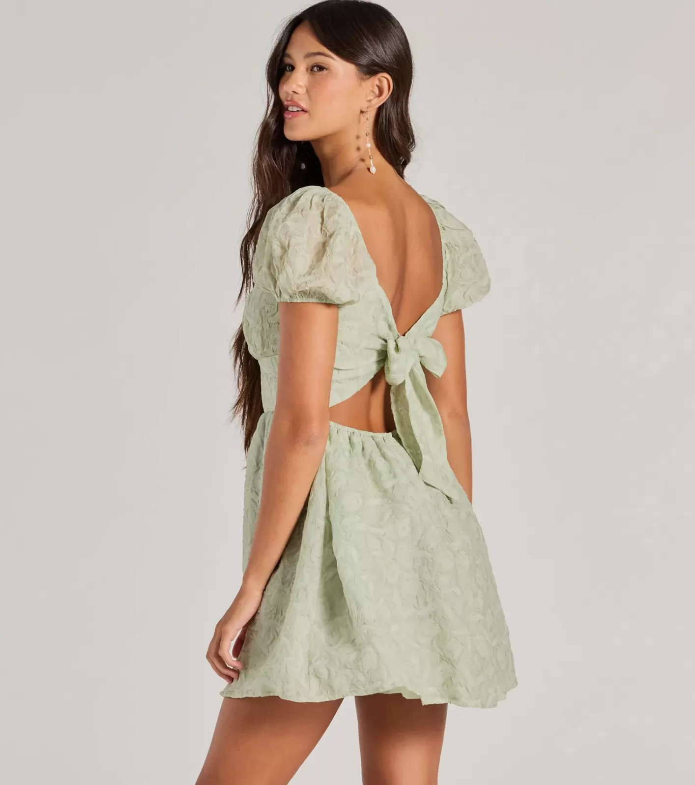 Windsor Flawless Flirty Puff Sleeve Tie Back Skater Dress SAGE Clearance
