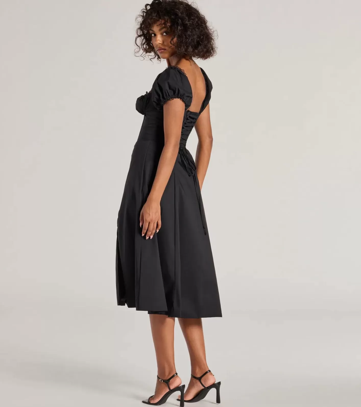 Windsor Flawless Puff Sleeve Corset Midi Dress BLACK Cheap