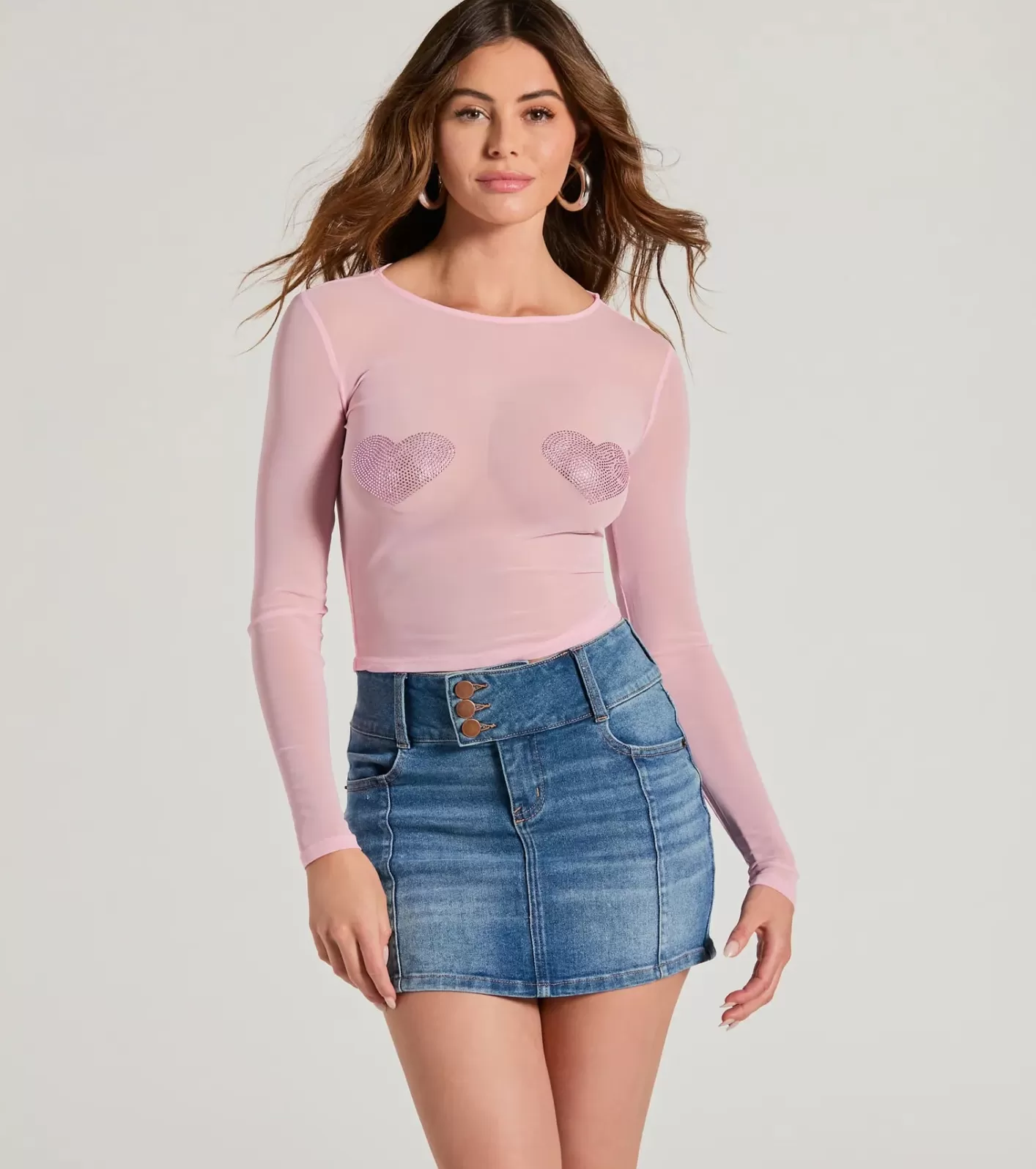 Windsor Flirt Alert Rhinestone Heart Sheer Mesh Crop Top PINK Fashion