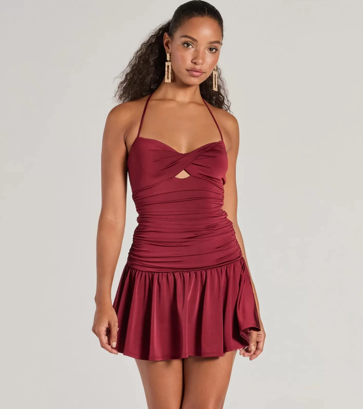 Windsor Flirty Flair Ruched Drop Waist Skater Dress BURGUNDY Sale