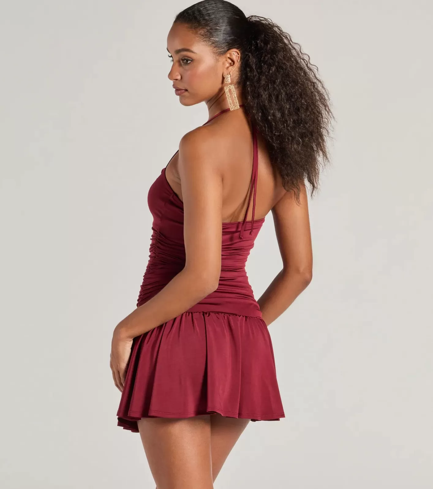 Windsor Flirty Flair Ruched Drop Waist Skater Dress BURGUNDY Sale