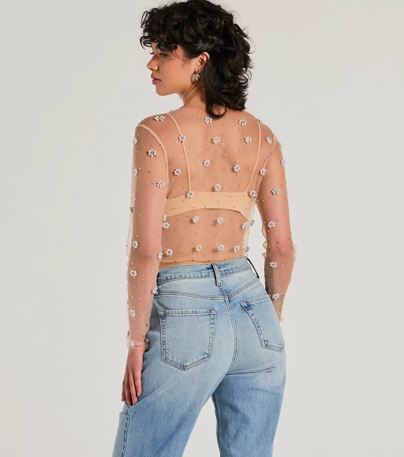 Windsor Flirty Floral Rhinestone Pearl Sheer Mesh Crop Top NUDE Sale
