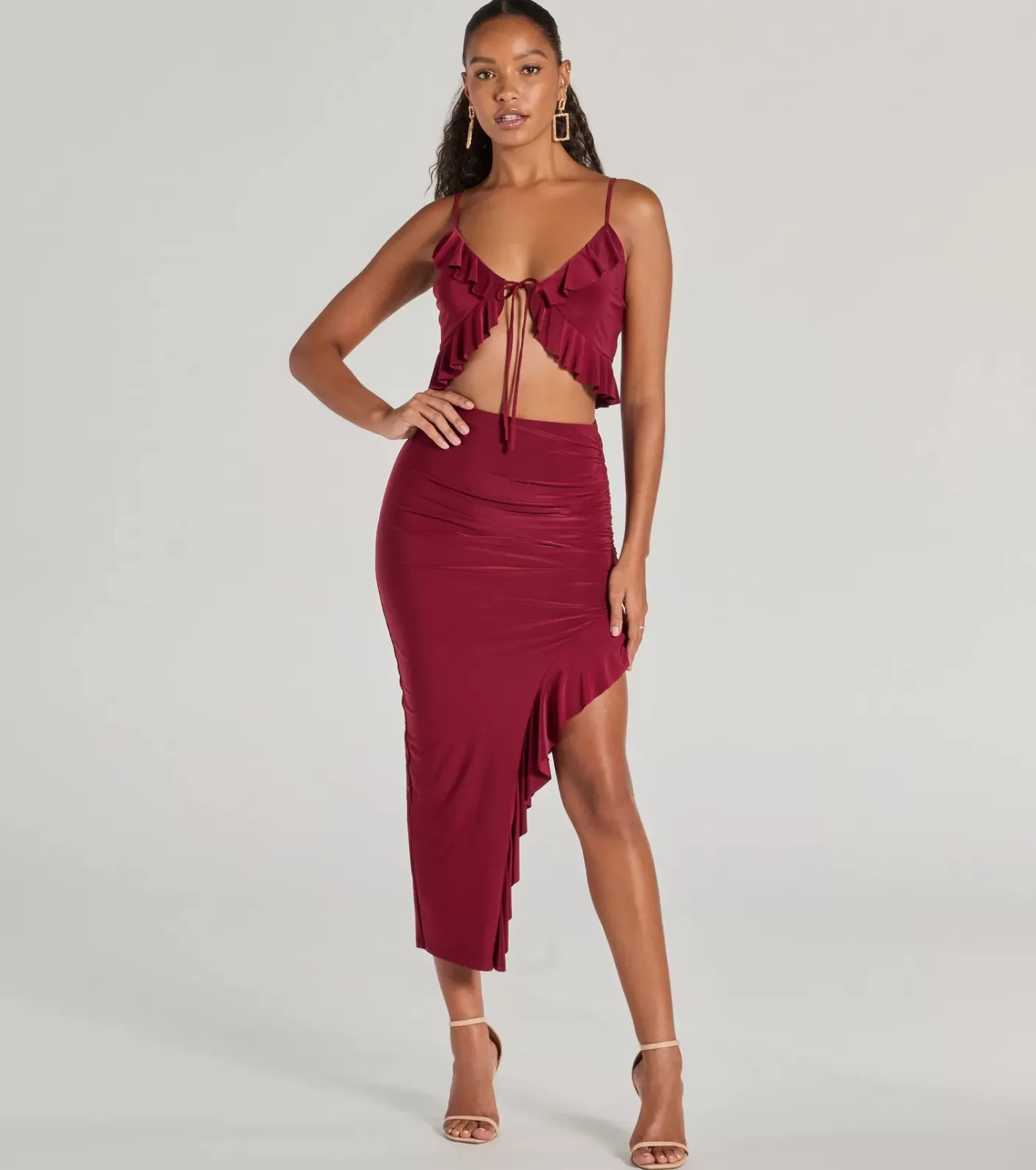 Windsor Flirty Moves Ruffled Slit Knit Midi Skirt BURGUNDY Fashion