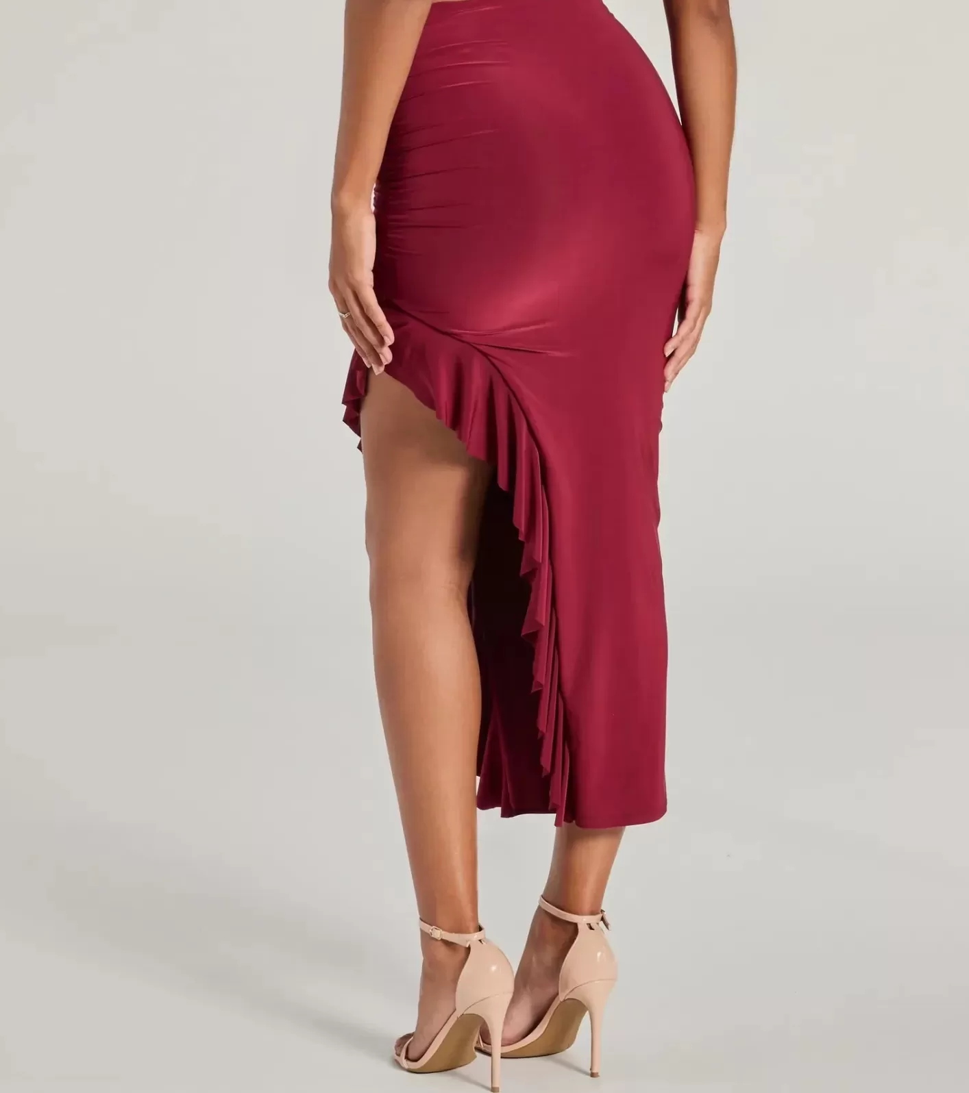 Windsor Flirty Moves Ruffled Slit Knit Midi Skirt BURGUNDY Fashion
