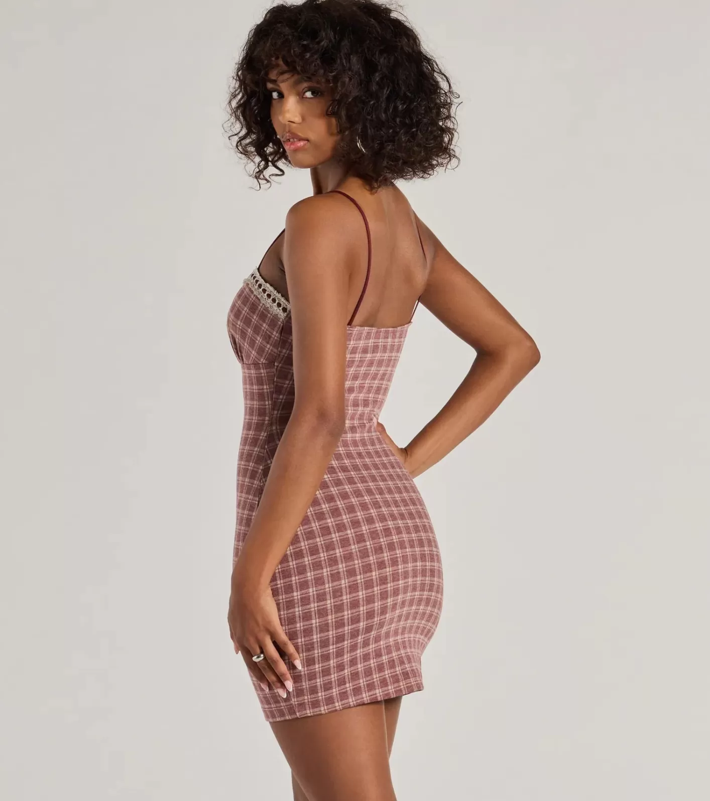Windsor Flirty Silhouette Lace Trim Plaid Mini Dress BURGUNDY Best Sale