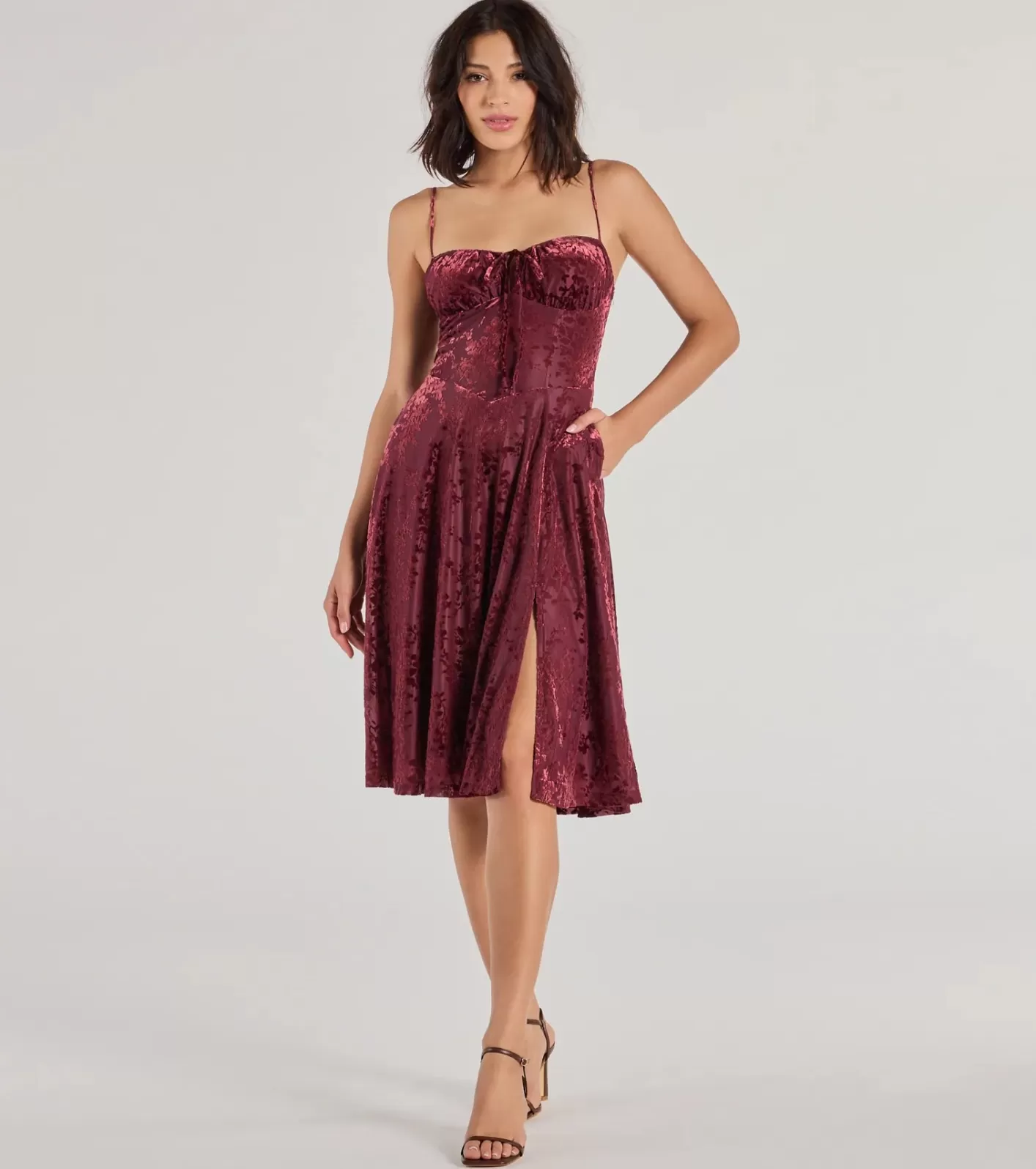 Windsor Floral Beauty Velvet Flocked Mesh Midi Dress WINE Clearance