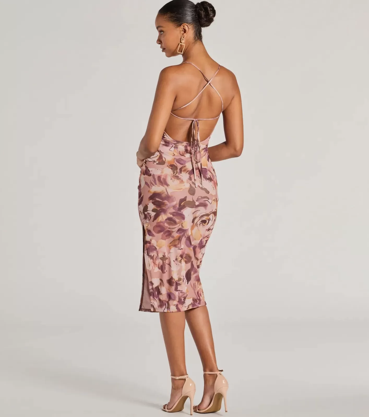 Windsor Floral Energy Lace-Up Bodycon Slit Midi Dress NATURAL Cheap