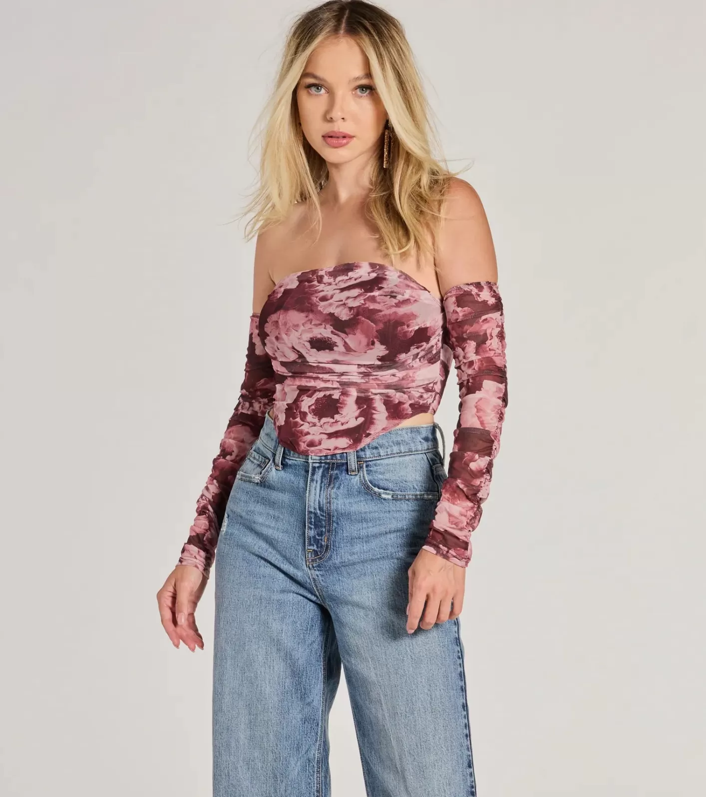 Windsor Floral Fantasy Long Sleeve Mesh Bustier WINE Sale