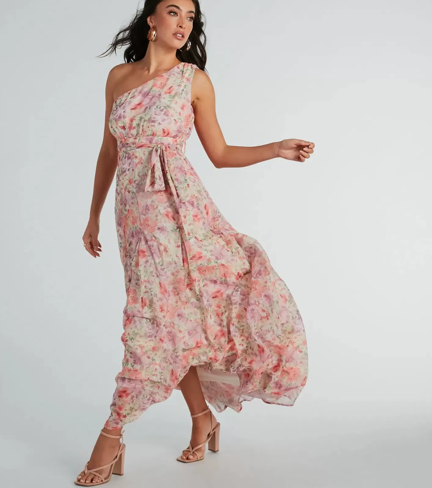 Windsor Floral Perfection One-Shoulder Chiffon Maxi Dress PINK Discount