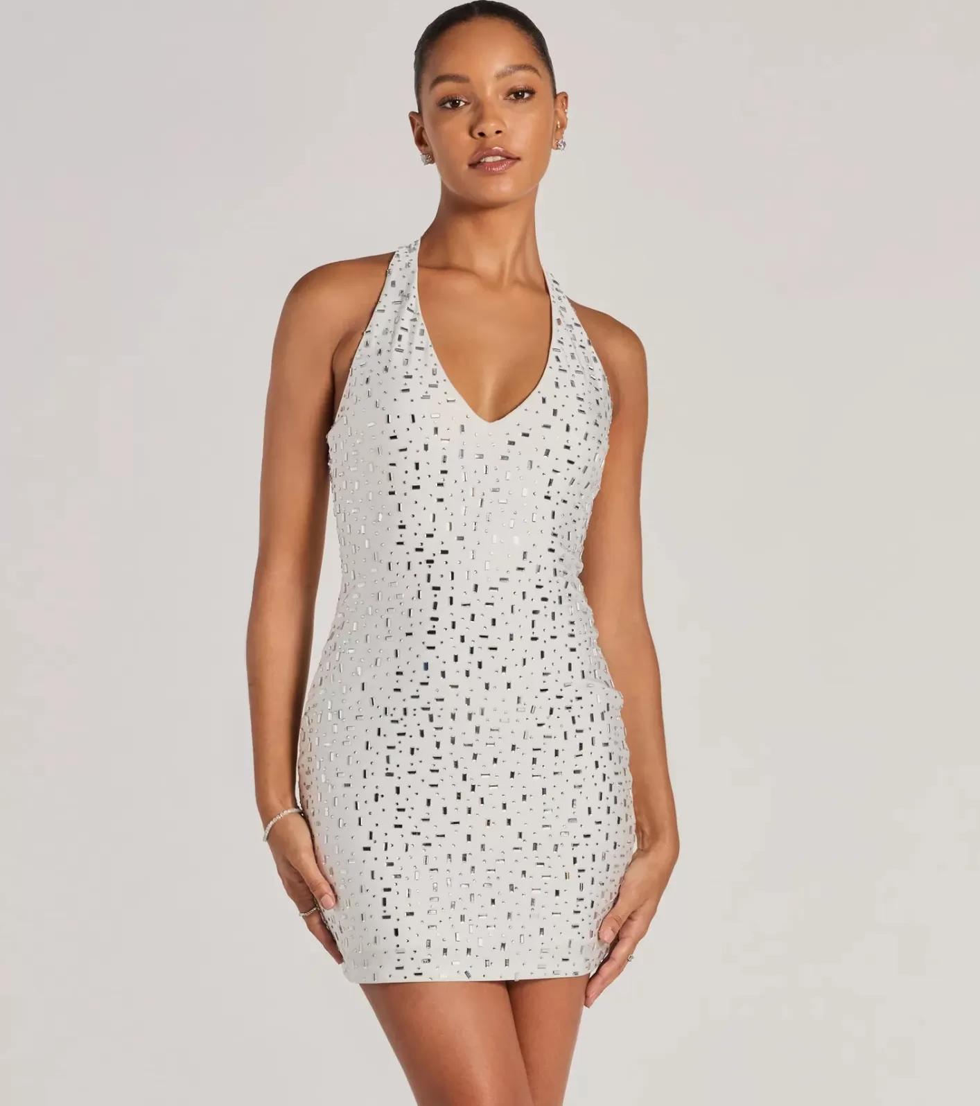 Windsor Forever Sparkling V-Neck Halter Rhinestone Mini Dress WHITE Clearance