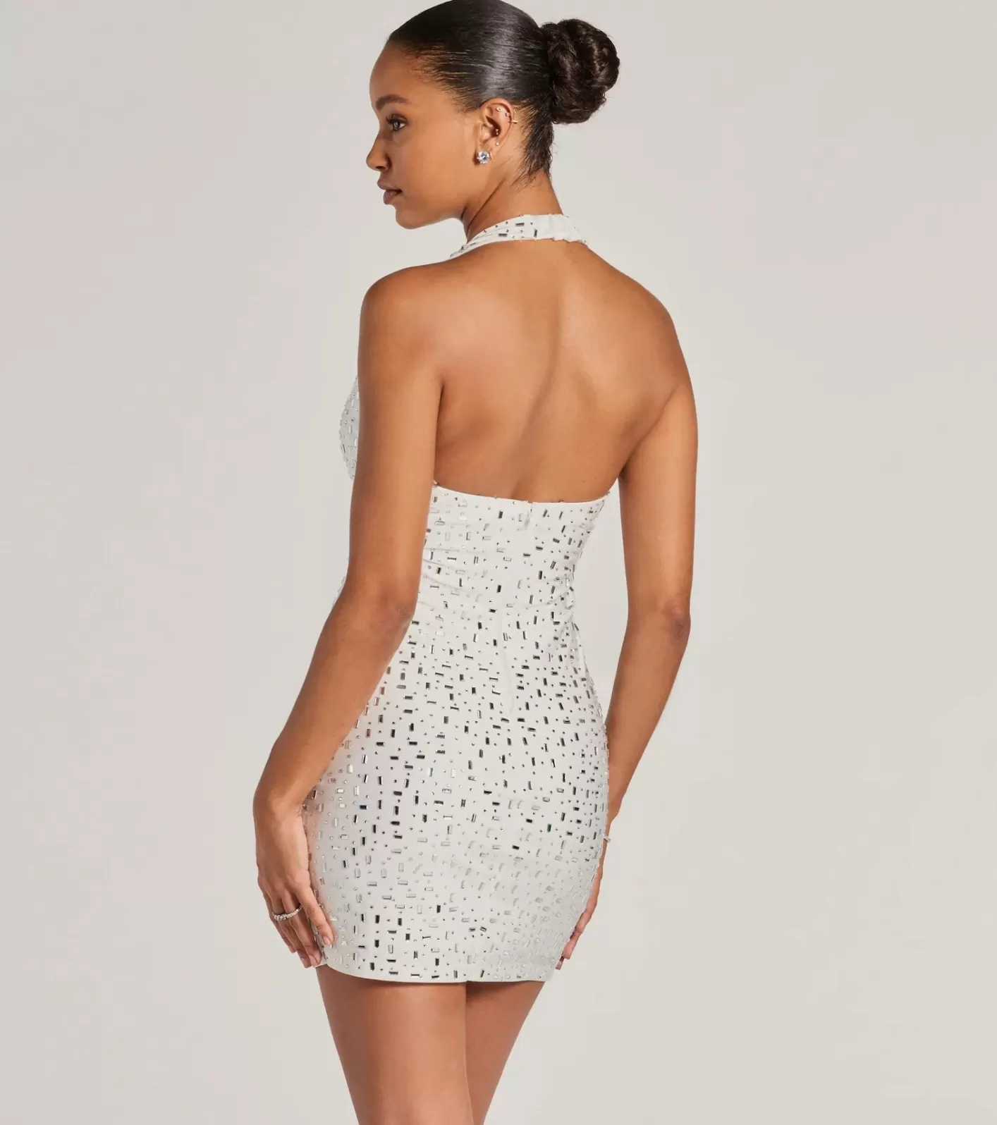 Windsor Forever Sparkling V-Neck Halter Rhinestone Mini Dress WHITE Clearance