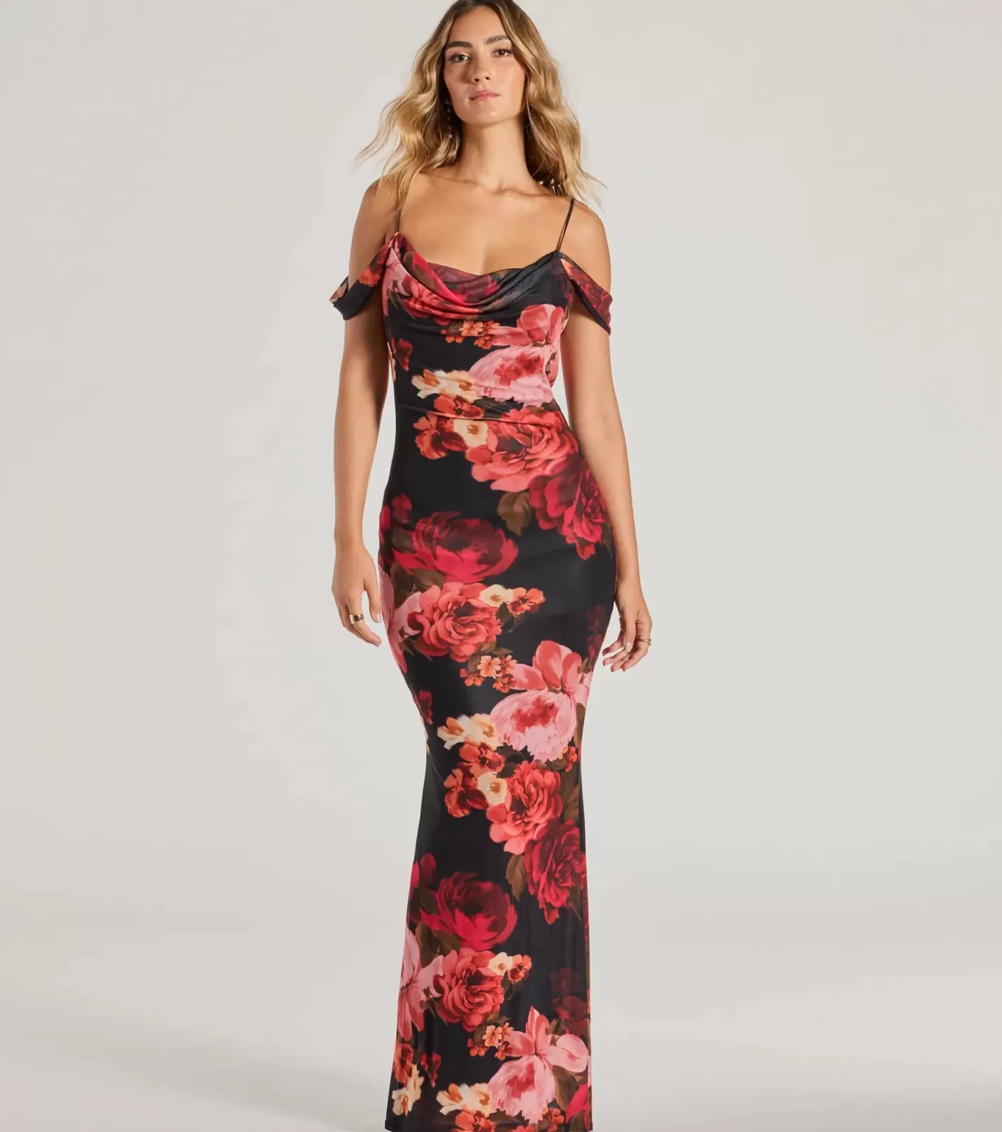 Windsor Francie Cold Shoulder Slim Floral Formal Dress BLACK Hot