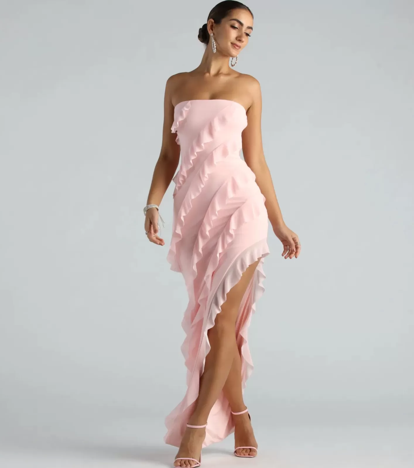 Windsor Gabby Formal Mesh Strapless Ruffle Long Dress PINK Clearance