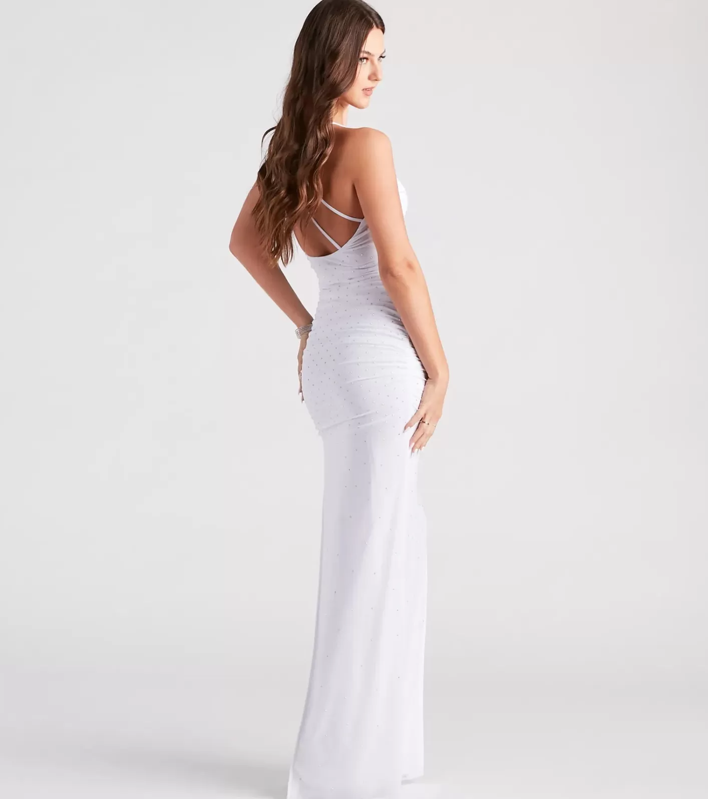 Windsor Gabrielle Formal Rhinestone Long Dress WHITE Flash Sale