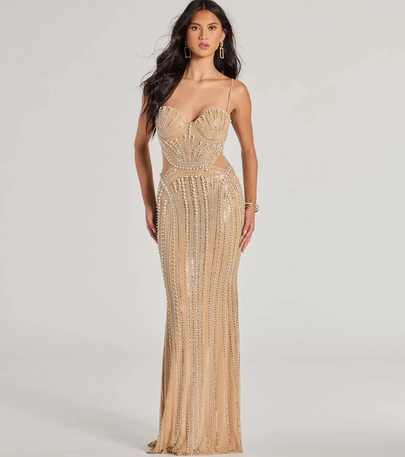Windsor Gianna Rhinestone Pearl Sheer Mesh Formal Dress NUDE Flash Sale