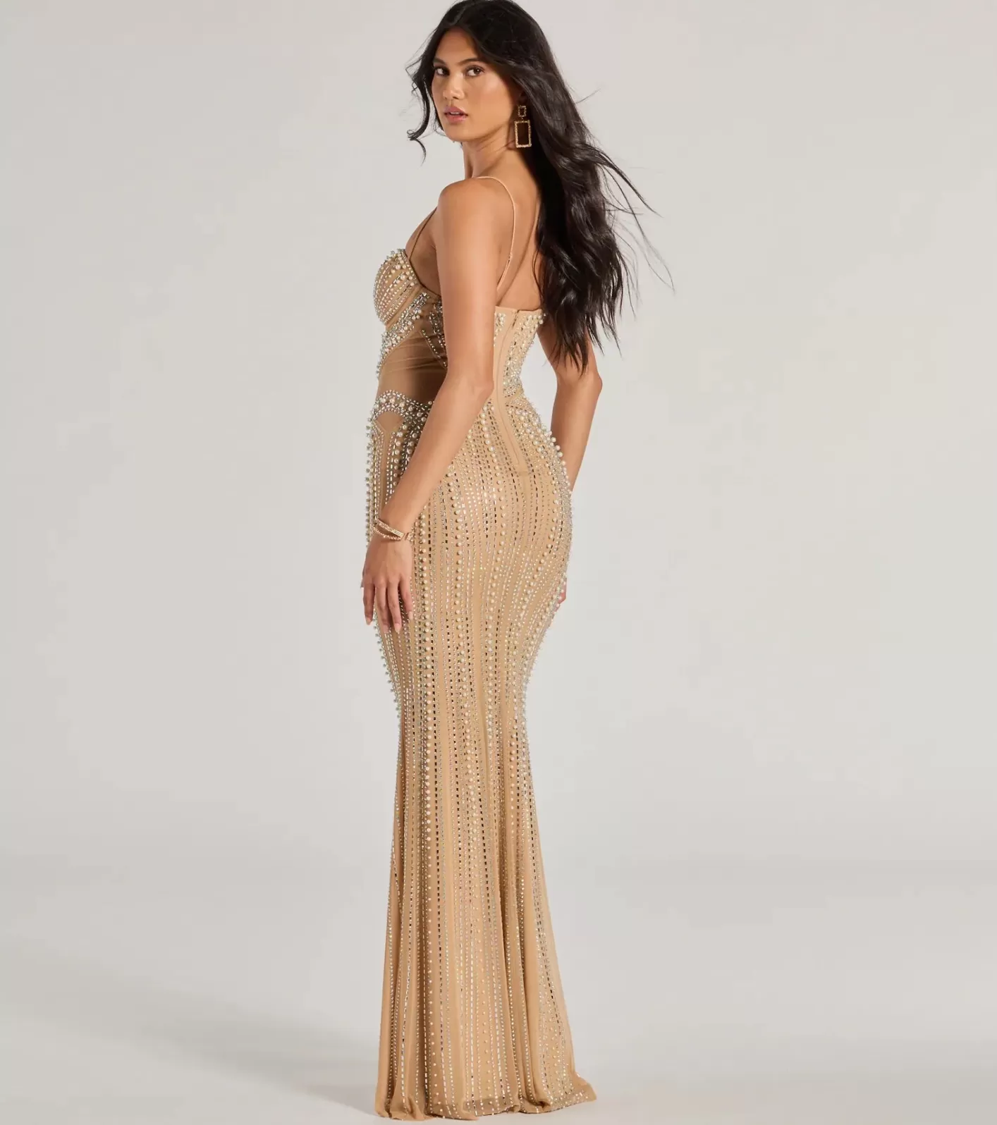 Windsor Gianna Rhinestone Pearl Sheer Mesh Formal Dress NUDE Flash Sale