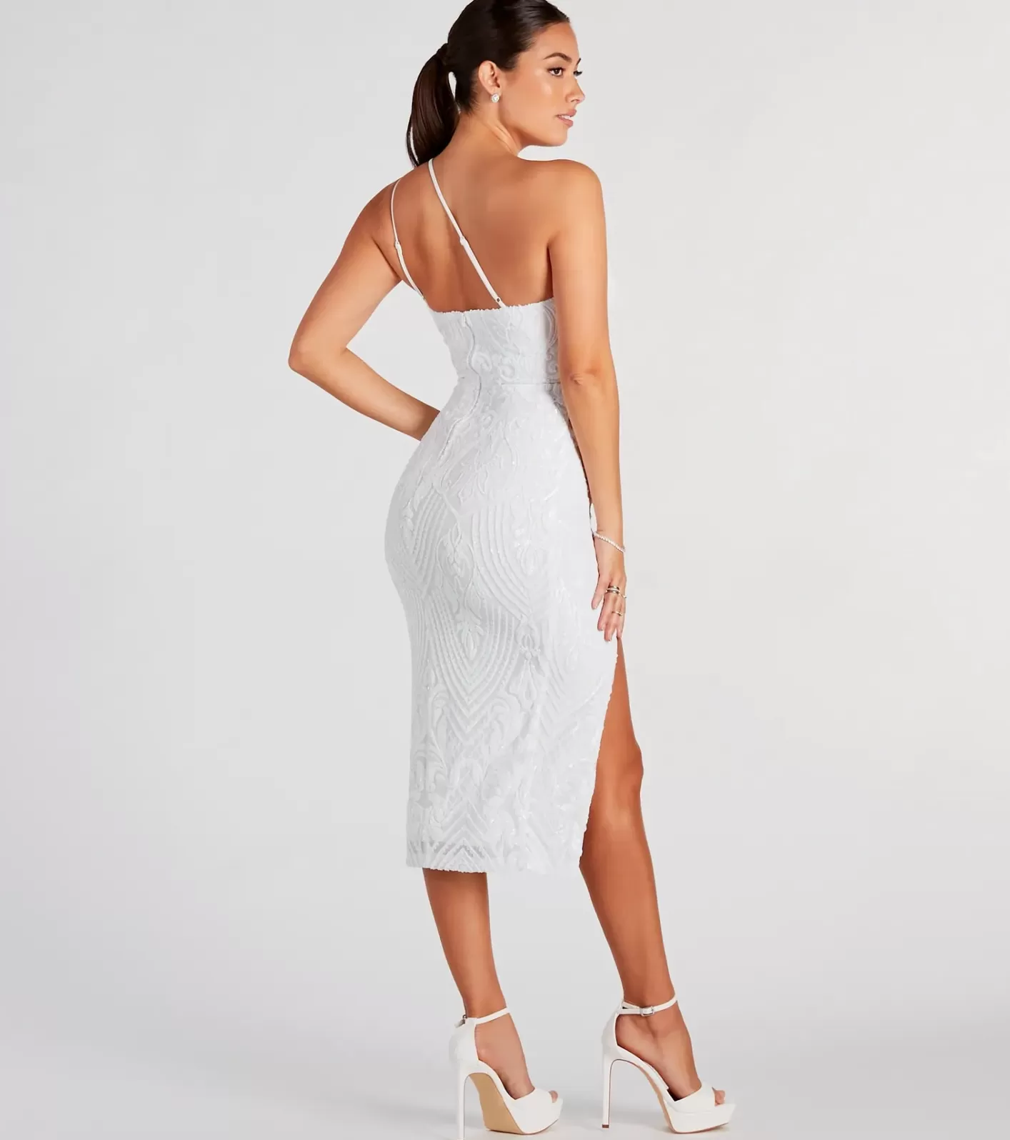 Windsor Gigi Formal Sequin One-Shoulder Midi Dress WHITE Cheap