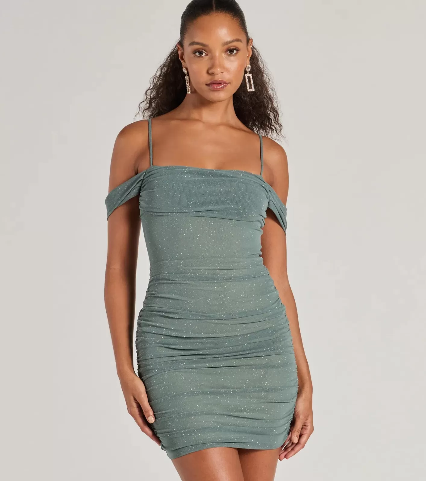 Windsor Glam Affair Cold-Shoulder Glitter Mesh Mini Dress SAGE Hot
