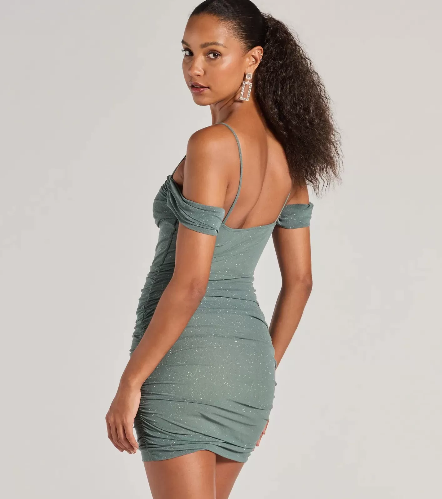Windsor Glam Affair Cold-Shoulder Glitter Mesh Mini Dress SAGE Hot