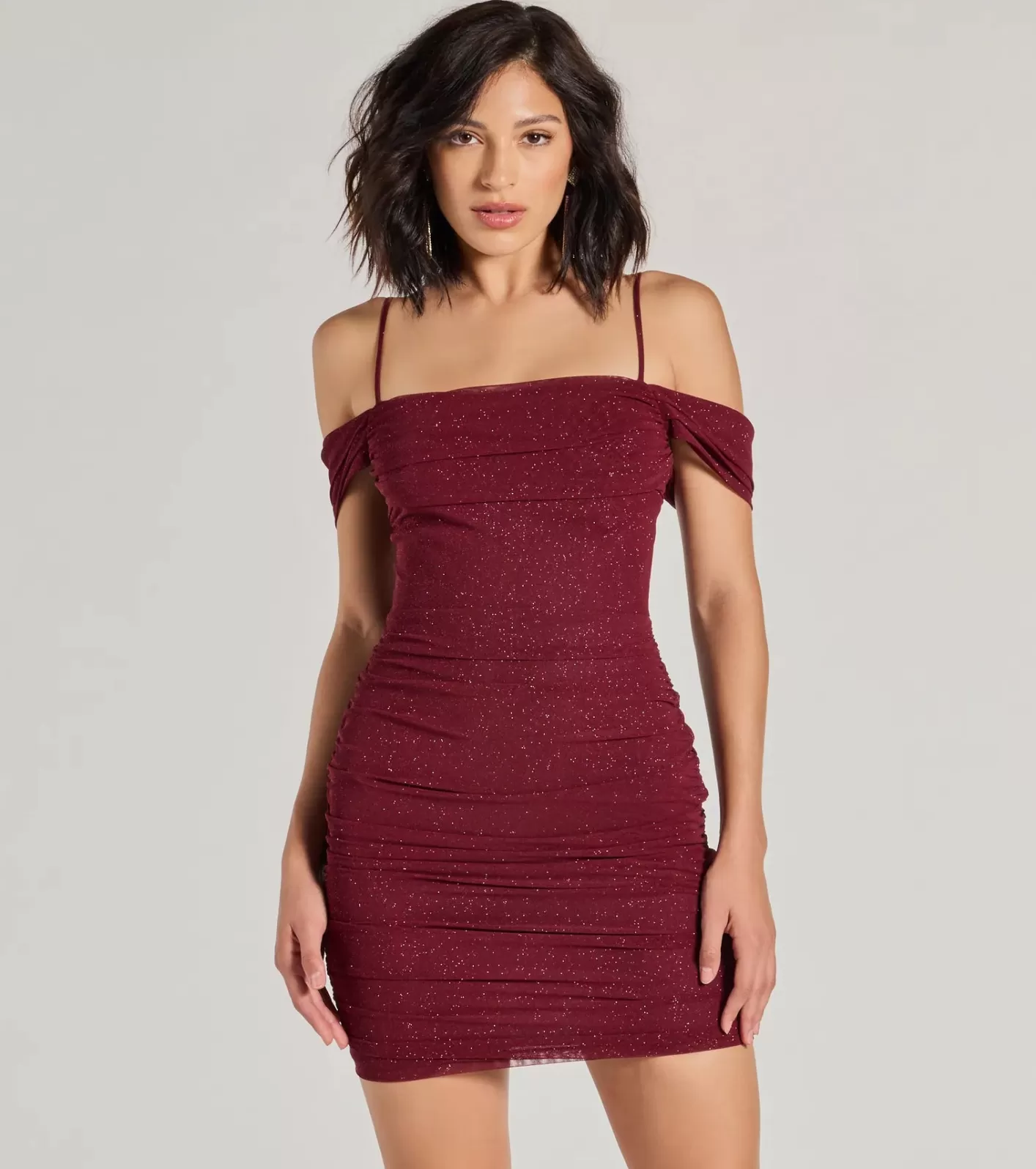 Windsor Glam Affair Cold-Shoulder Glitter Mesh Mini Dress WINE Sale