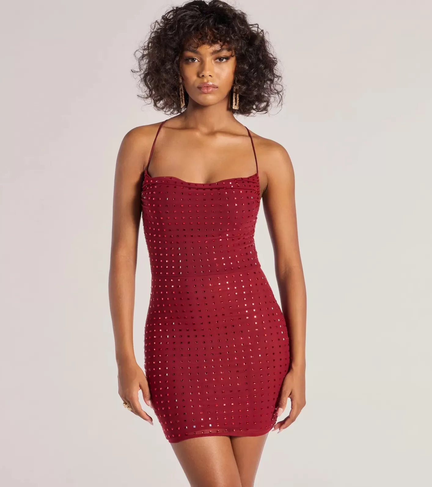 Windsor Glam Babe Rhinestone Mesh Strappy Back Mini Dress WINE Cheap