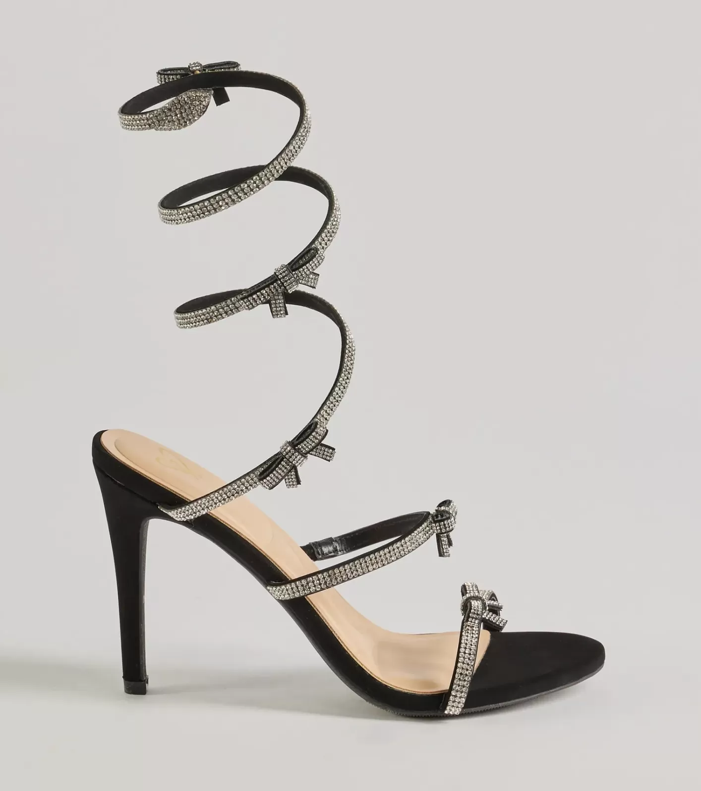 Windsor Glam Era Rhinestone Bow Spiral Strap Stiletto Heels BLACK Best Sale