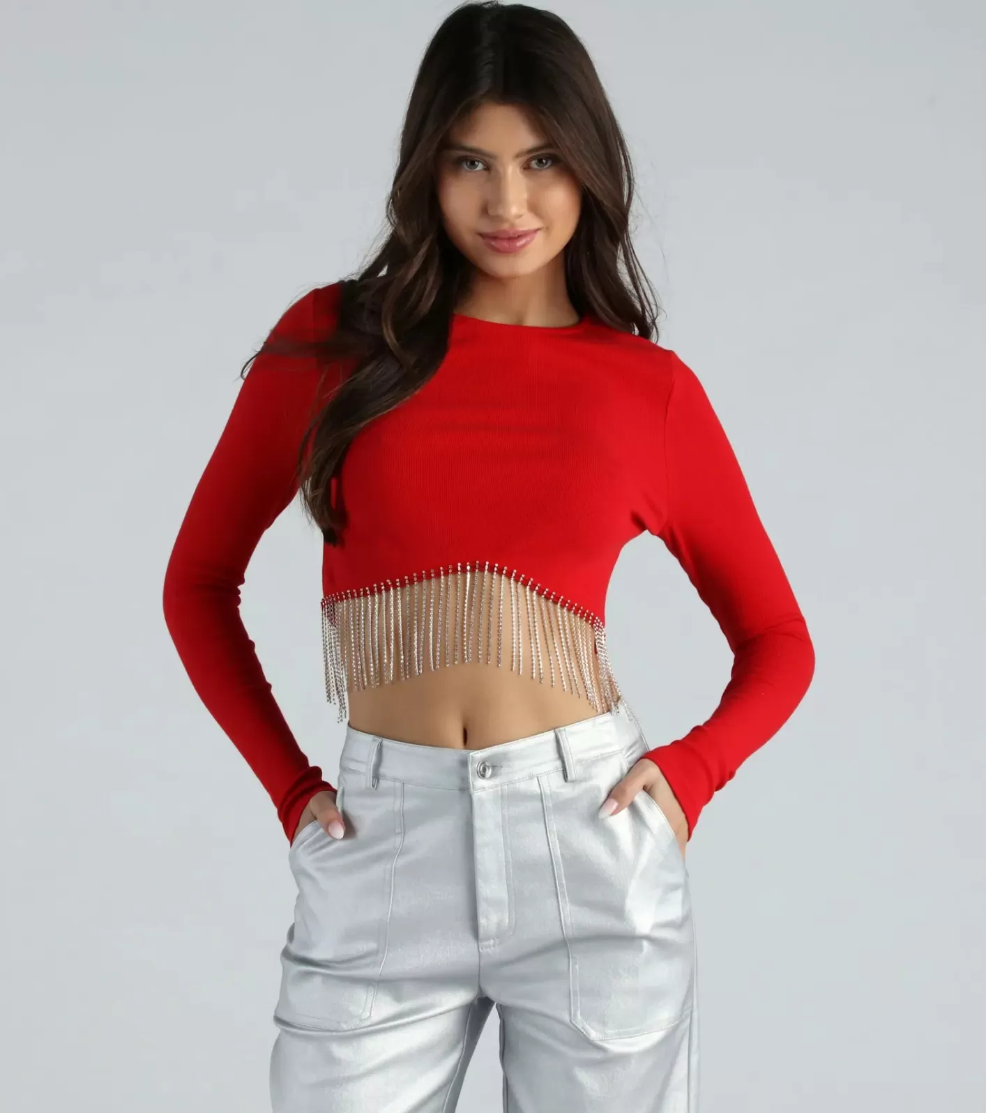 Windsor Glam Experince Rhinestone Fringe Crop Top RED Hot