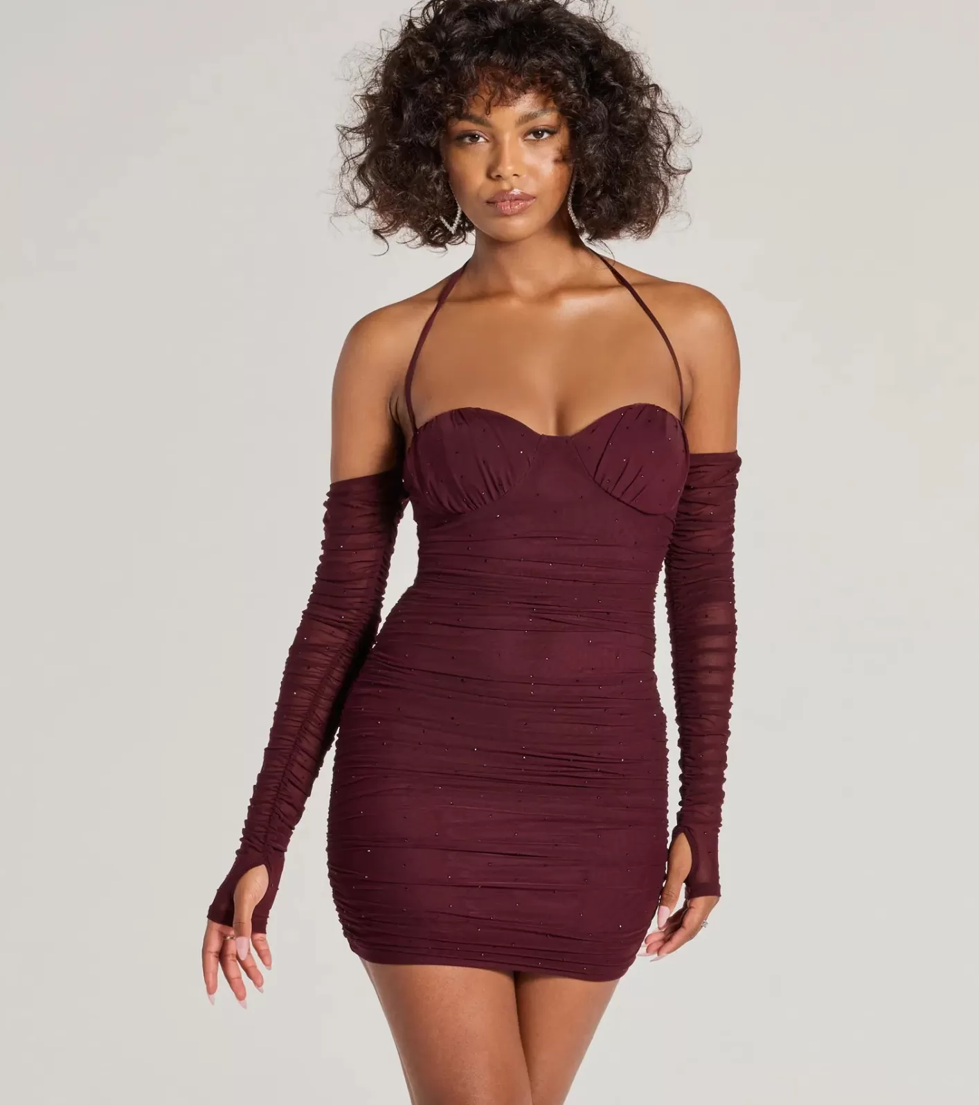 Windsor Glam Instinct Cold Shoulder Rhinestone Mini Dress RAISIN Best Sale
