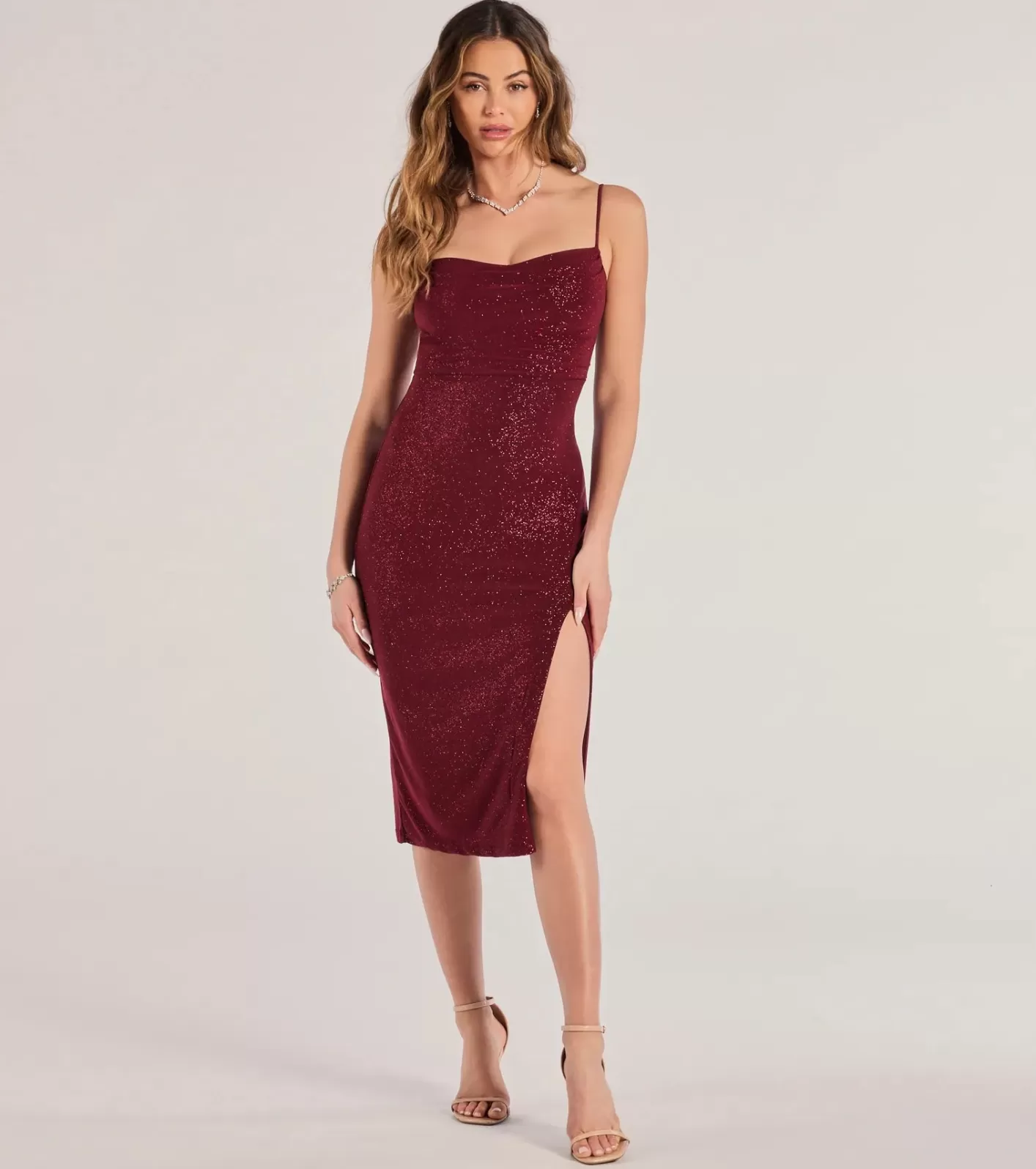 Windsor Glam Radiance High-Slit Glitter Midi Dress WINE Hot