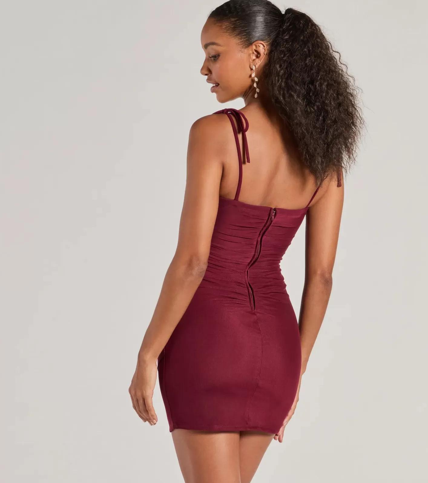 Windsor Glamorous Nights Mesh And Crepe Ruched Mini Dress WINE Flash Sale