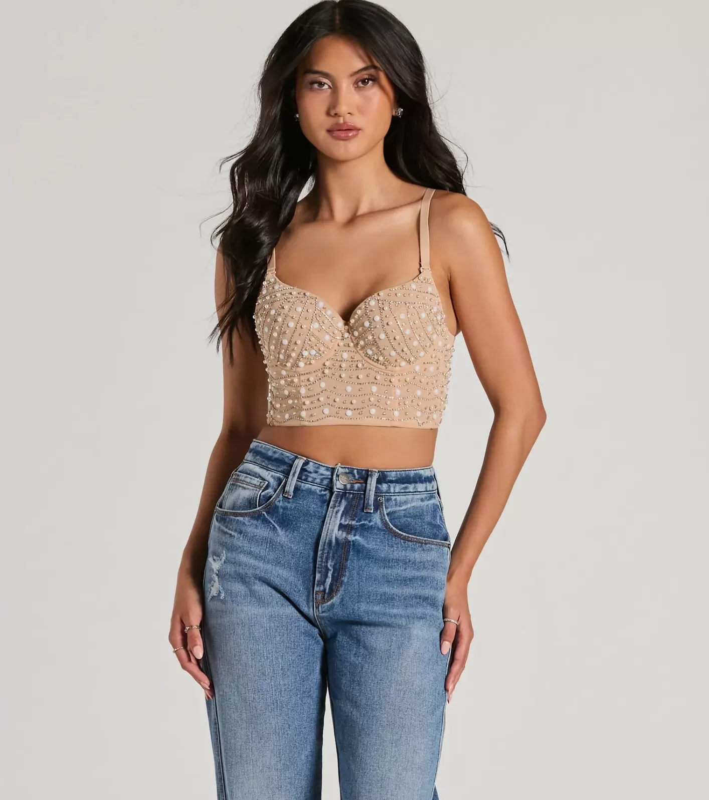 Windsor Glamour Girl Rhinestone Faux Pearl Bead Bustier NUDE-2 Discount