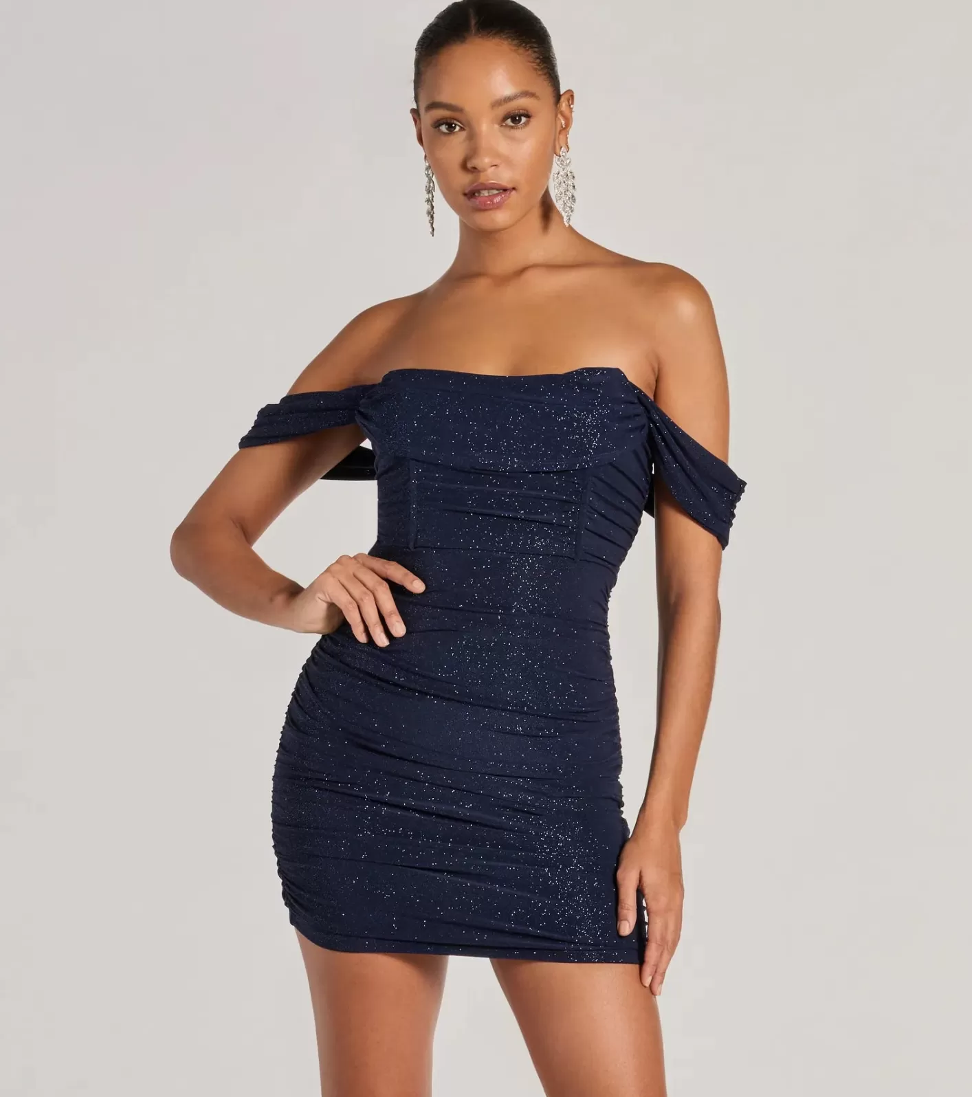 Windsor Glimmer Babe Glitter Off-The-Shoulder Mini Dress NAVY Sale