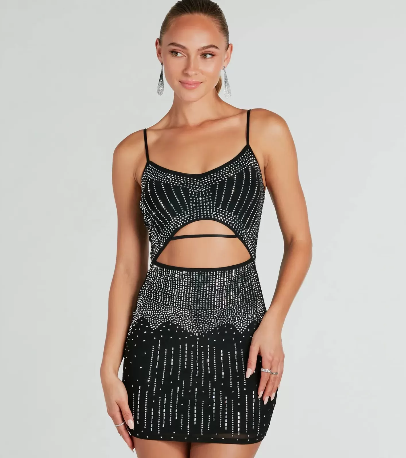 Windsor Glitzy Cutout Rhinestone Mesh Mini Party Dress BLACK Clearance