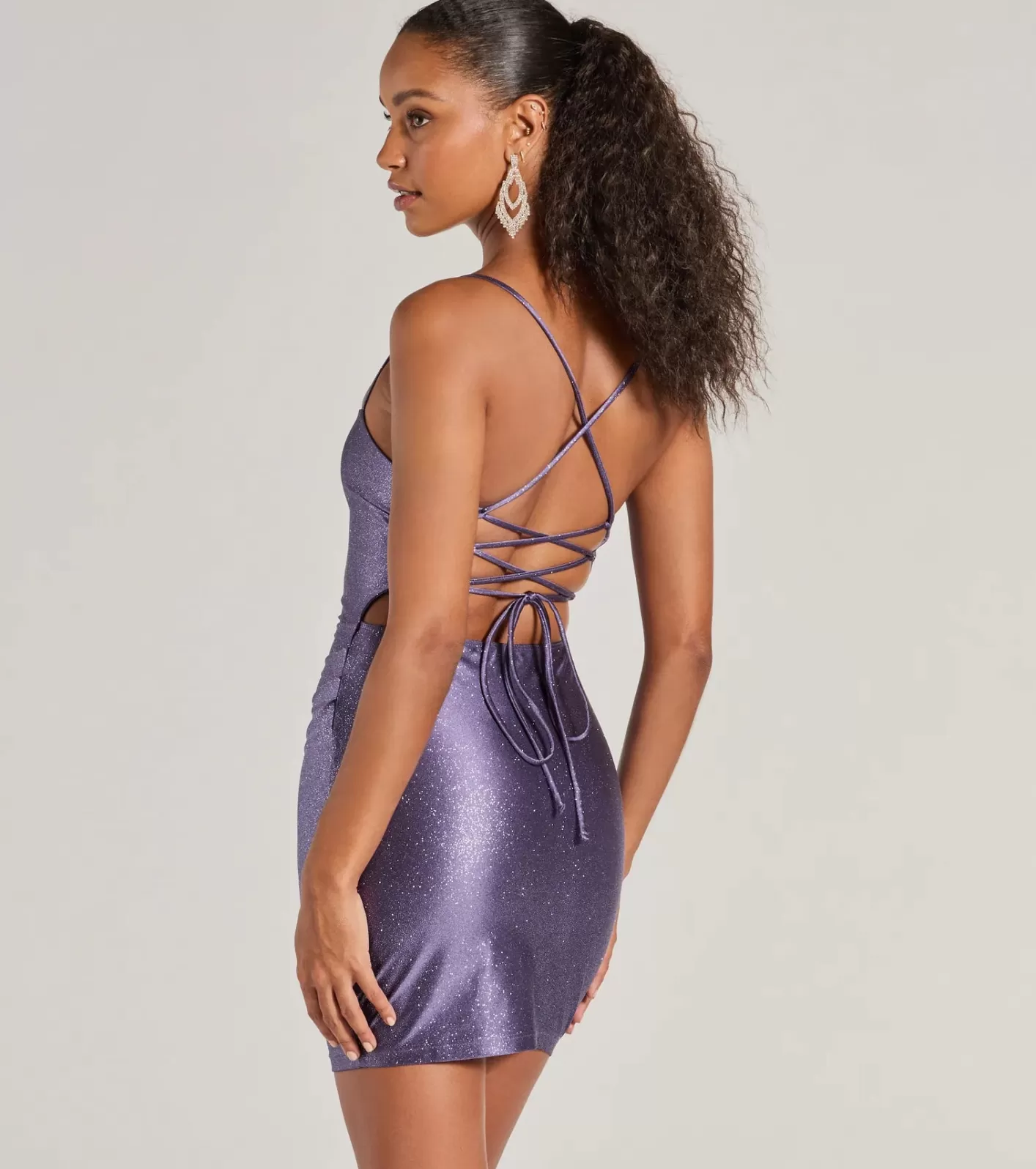 Windsor Glitzy Mood Glitter Satin Lace-Up Mini Dress SLATE Best Sale