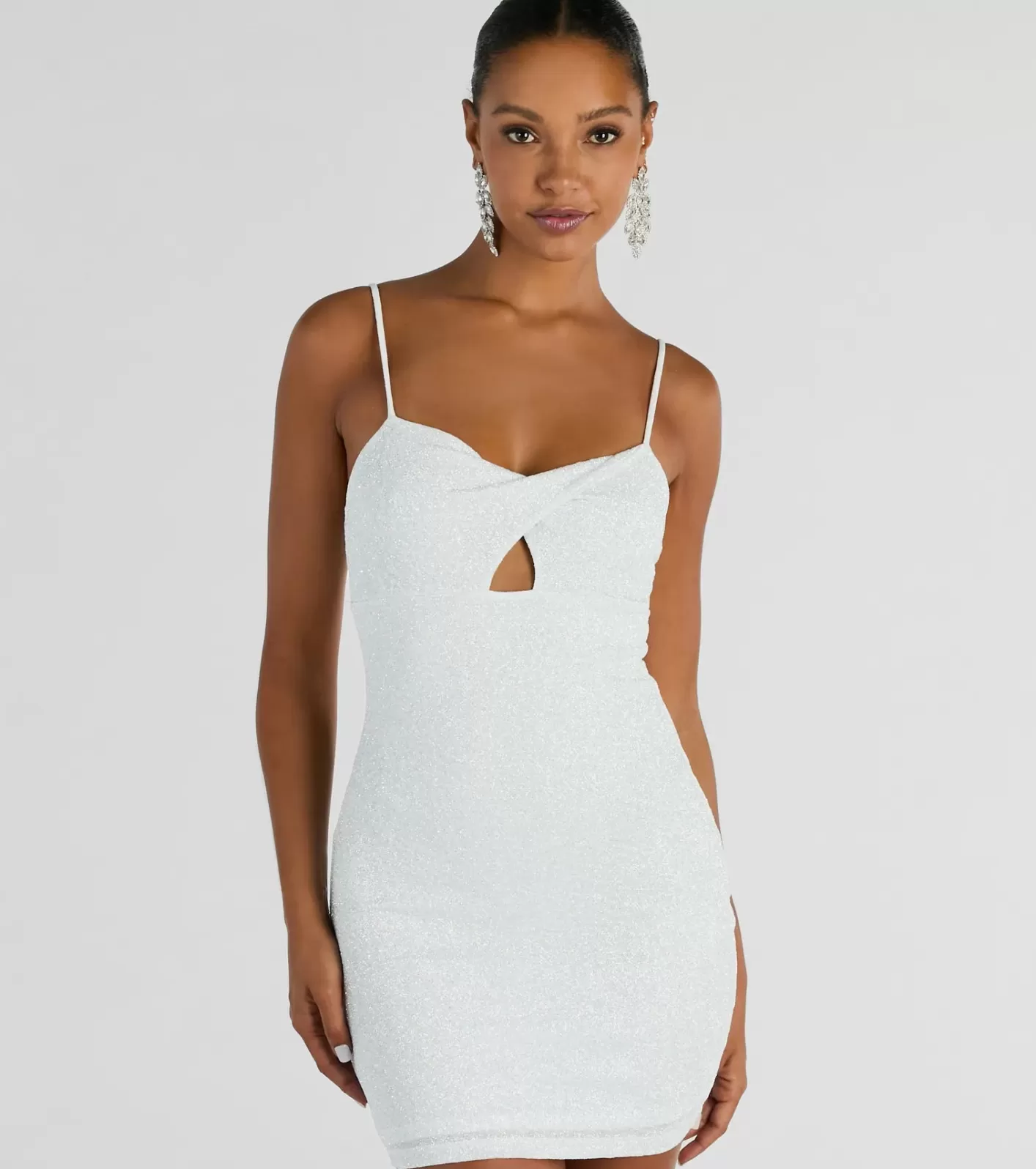 Windsor Glitzy Shine Twist-Front Glitter Mini Dress WHITE Best