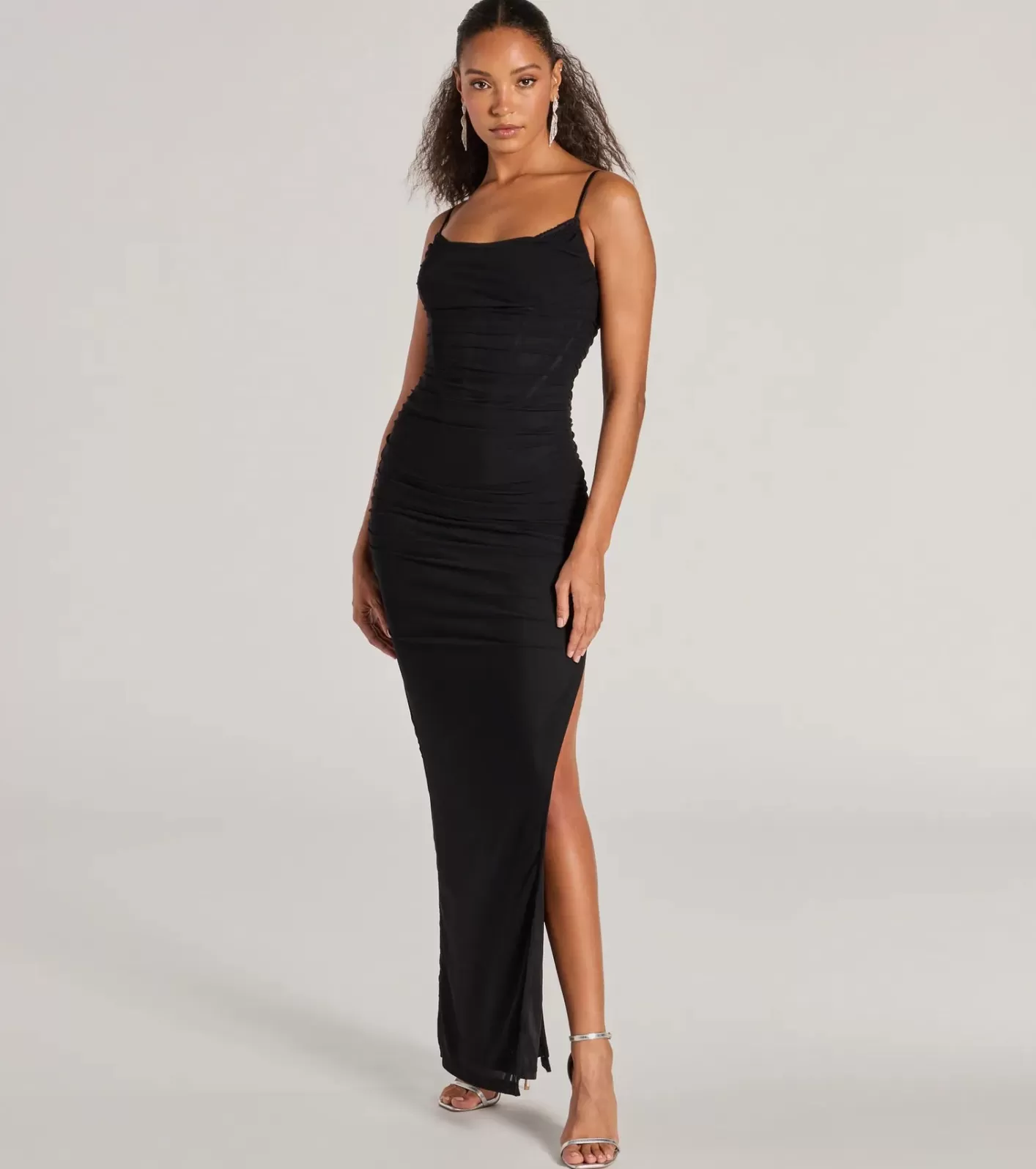 Windsor Gloria V-Neck Lace Corset Slim Mesh Formal Dress BLACK Flash Sale