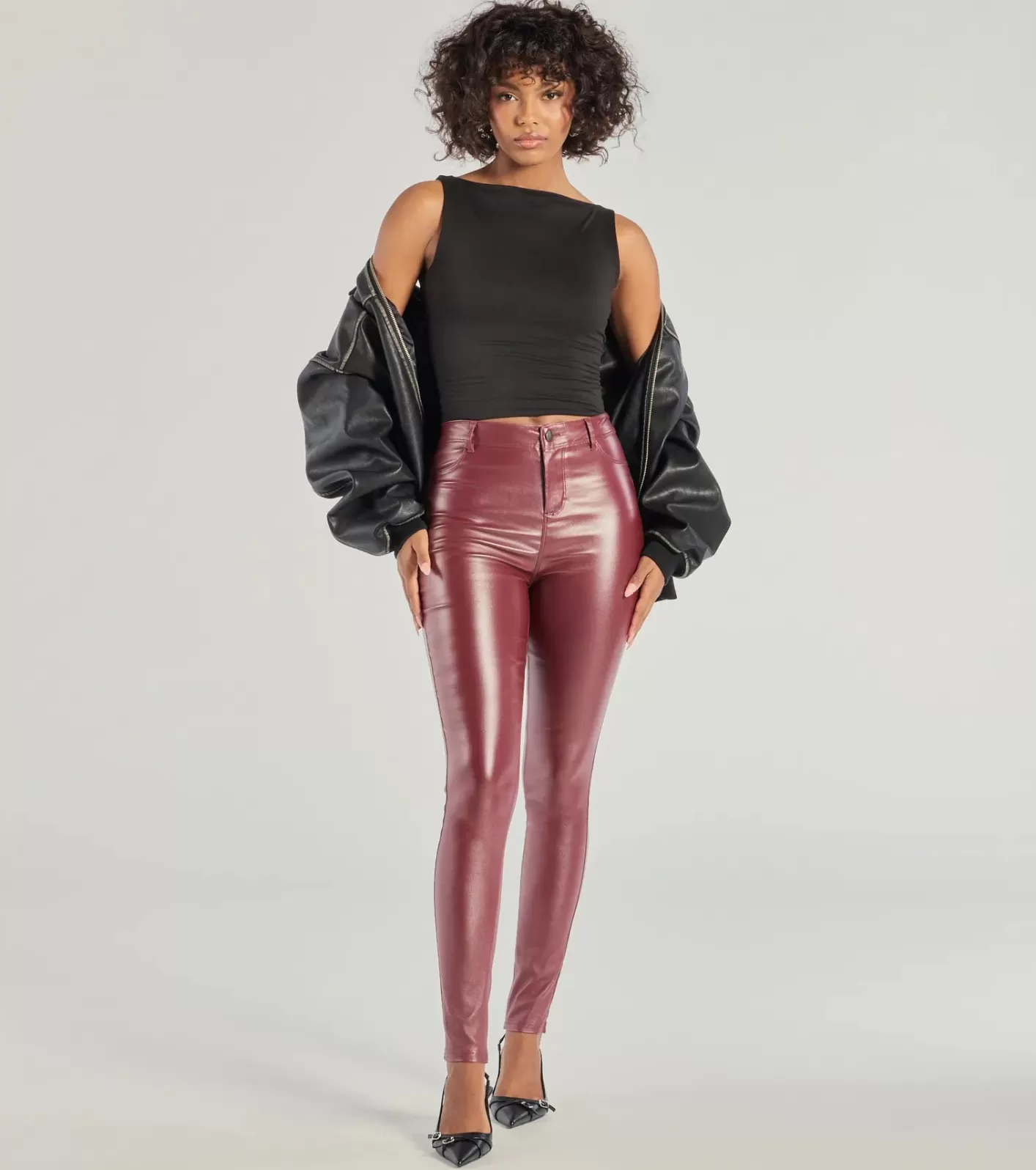 Windsor Glossy Glam Coated Faux Leather Skinny Pants WINE Shop