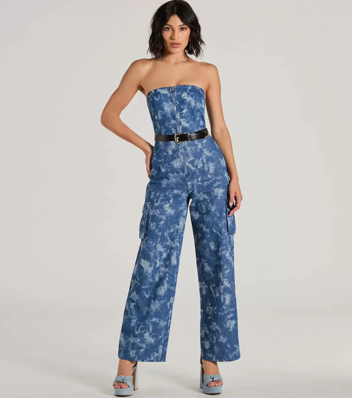 Windsor Good Vibes Strapless Tie-Dye Wide-Leg Cargo Jumpsuit DENIM Shop
