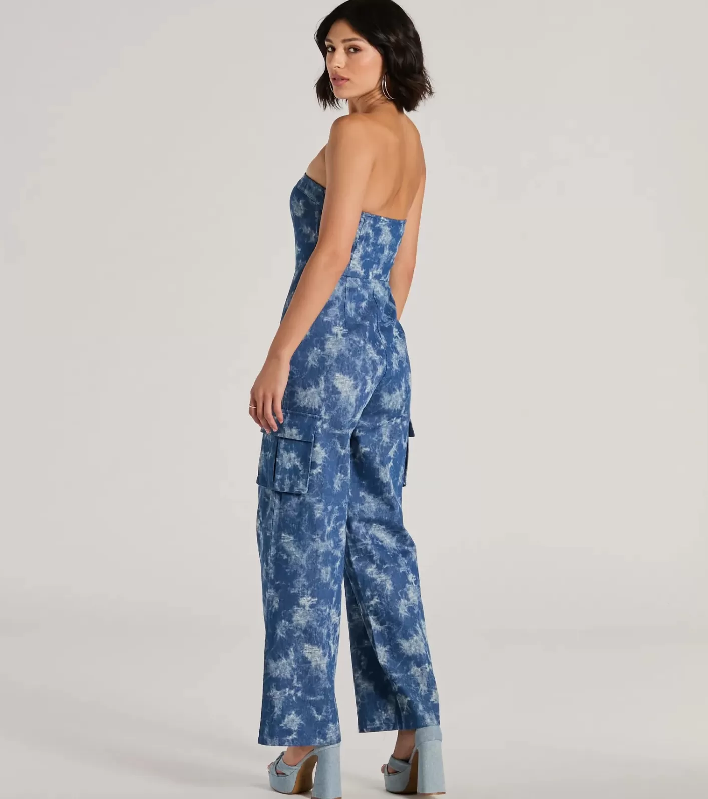 Windsor Good Vibes Strapless Tie-Dye Wide-Leg Cargo Jumpsuit DENIM Shop