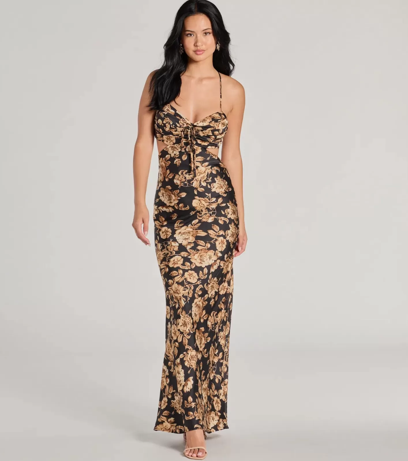 Windsor Gorgeous Bloom Floral Satin Maxi Dress BLACK Cheap