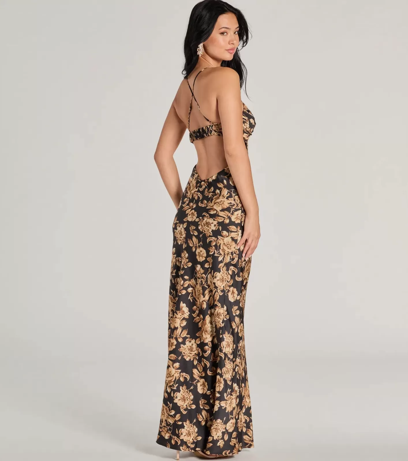 Windsor Gorgeous Bloom Floral Satin Maxi Dress BLACK Cheap