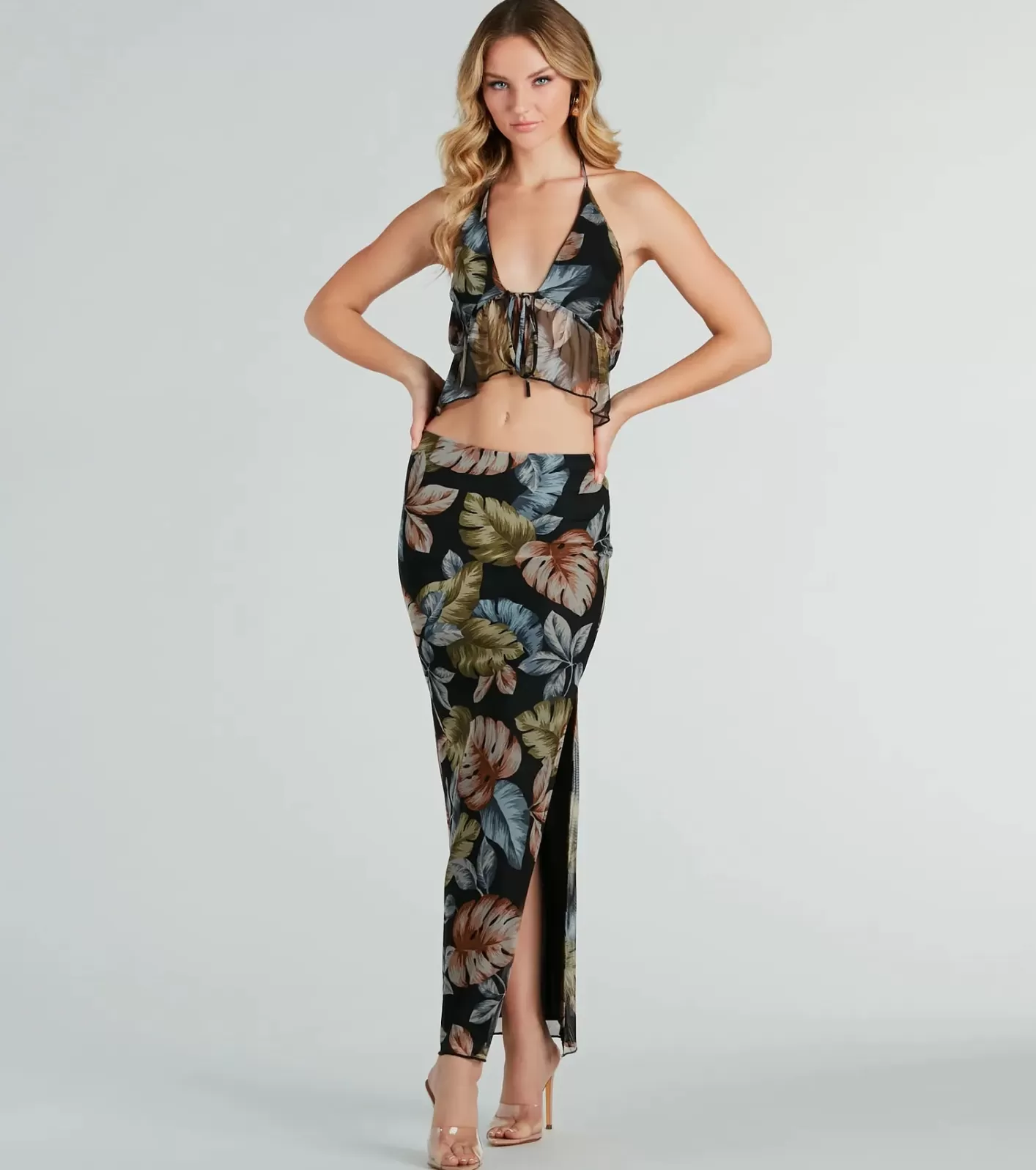 Windsor Gorgeous Getaway Tropical Print Maxi Skirt BLACK Sale