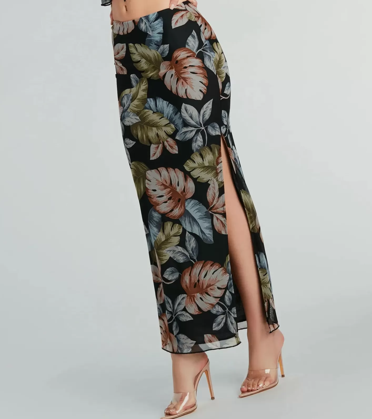 Windsor Gorgeous Getaway Tropical Print Maxi Skirt BLACK Sale
